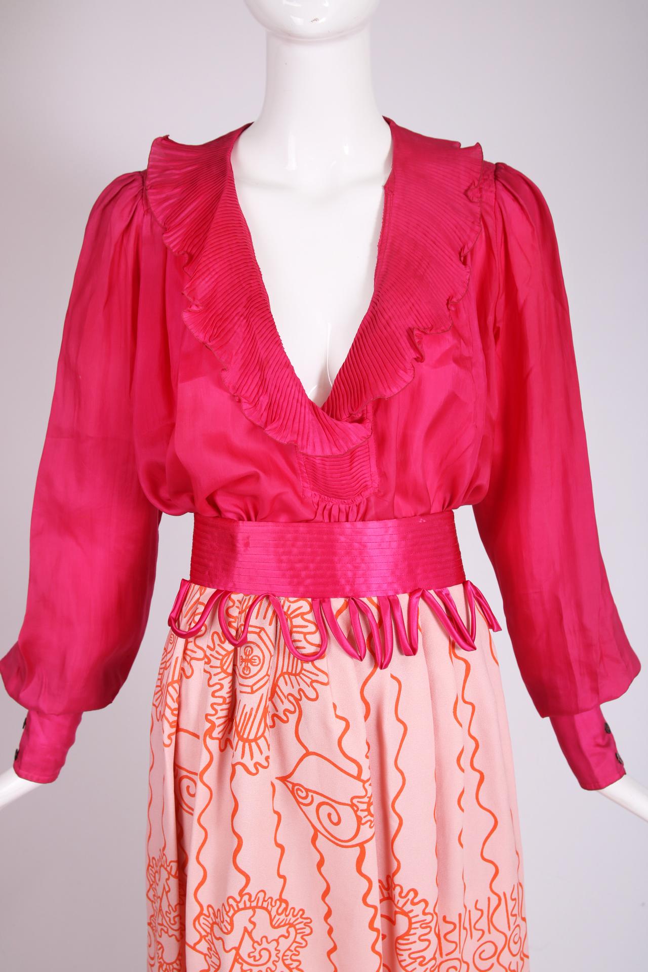 Pink Vintage Zandra Rhodes Fuchsia Blouse & Printed Skirt Ensemble For Sale