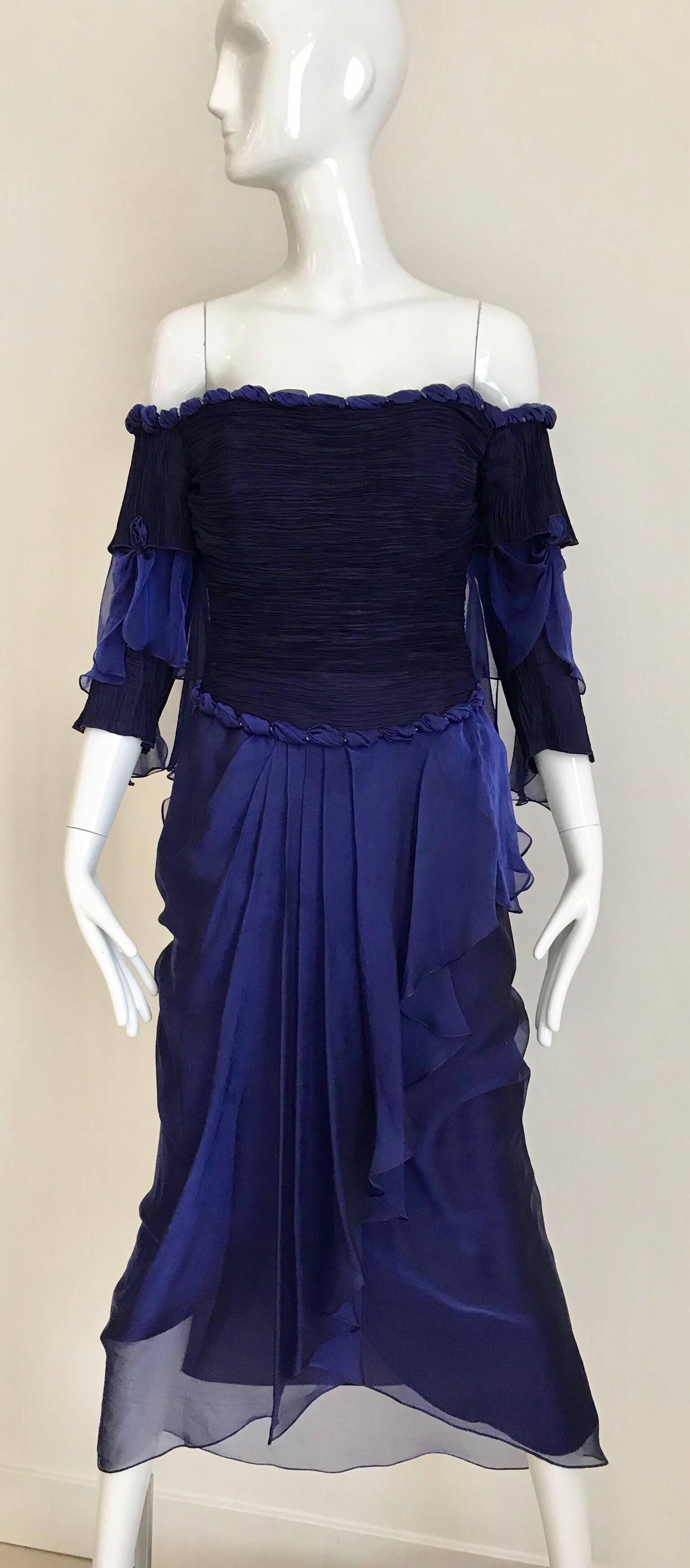 Zandra Rhodes Vintage Purple Blue Off Shoulder Cocktail Silk Dress For Sale 3