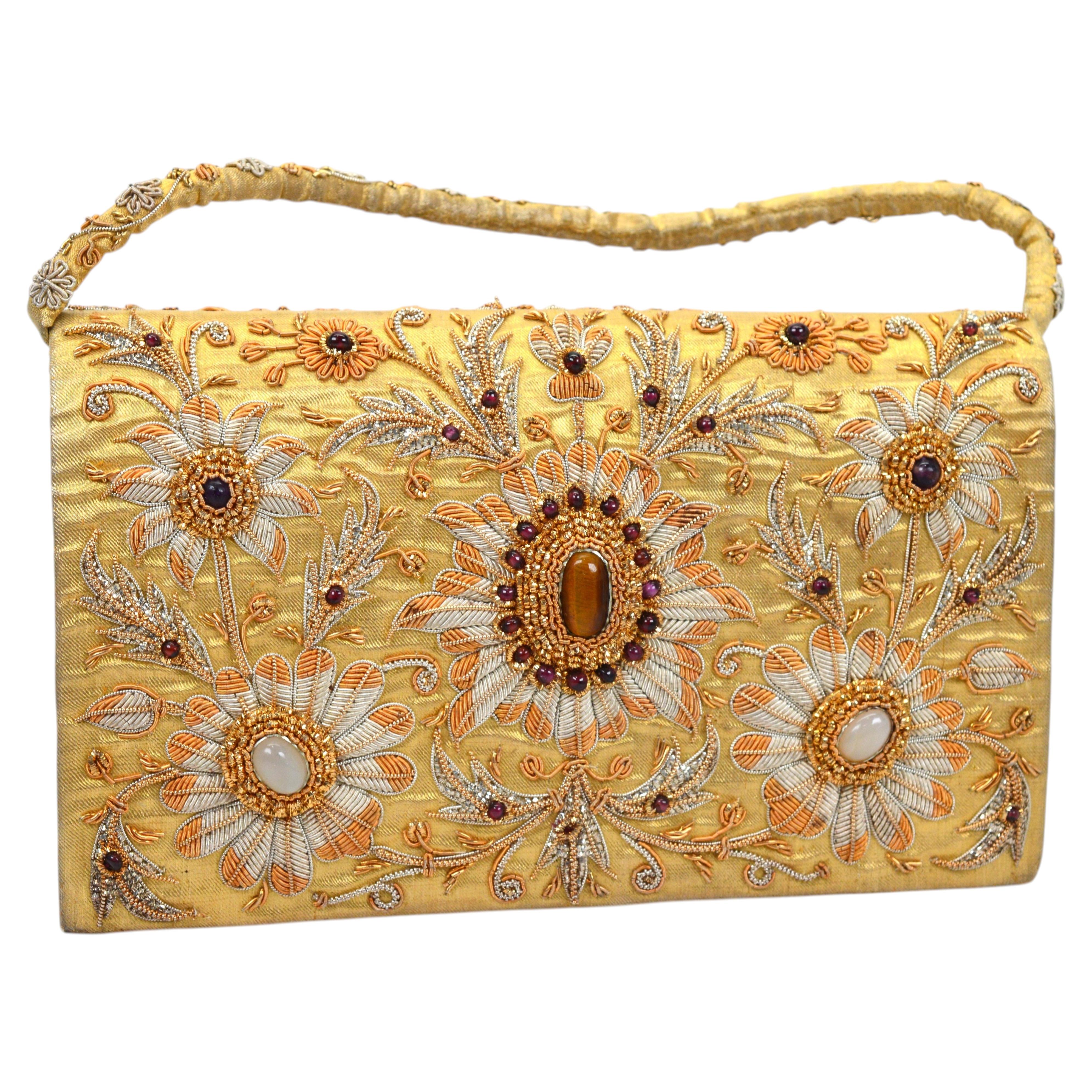 Vintage Zari Zarduzi Evening Bag, Gold Fabric with Gem Bead Accents circa 1950s