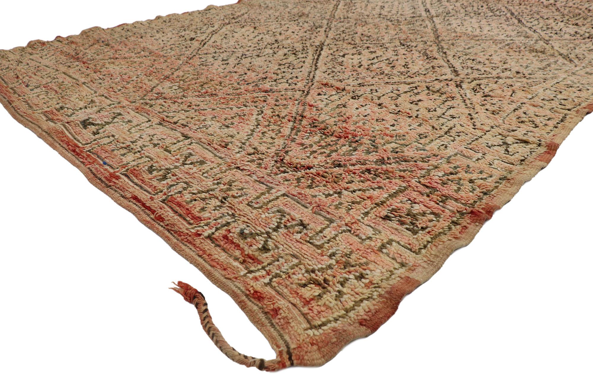 21335 Vintage Zayane Moroccan rug, 06'11 x 10'07. ?Emanating nomadic charm with incredible detail and texture, this hand knotted wool vintage Moroccan rug is a captivating vision of woven beauty. The eye-catching lozenge lattice and soft eathy
