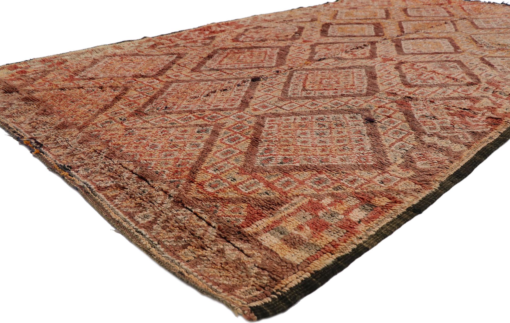 21330 Vintage Beni MGuild Moroccan Rug, 05'06 x 09'11. Originating from the Beni M'Guild tribe nestled in Morocco's Middle Atlas Mountains, Beni M'Guild rugs embody a cherished tradition meticulously handcrafted by skilled Berber women. These rugs