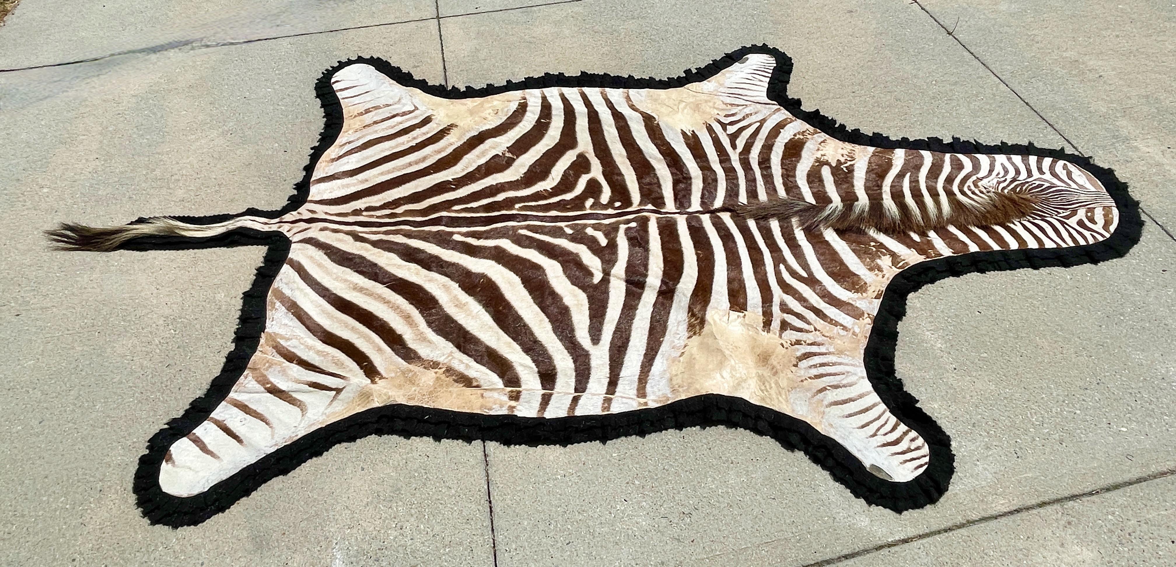 African Vintage Zebra Hide Rug with Felt Back