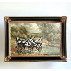 Vintage Zebra Landscape Oil Painting