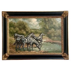 Vintage Zebra Landscape Oil Painting