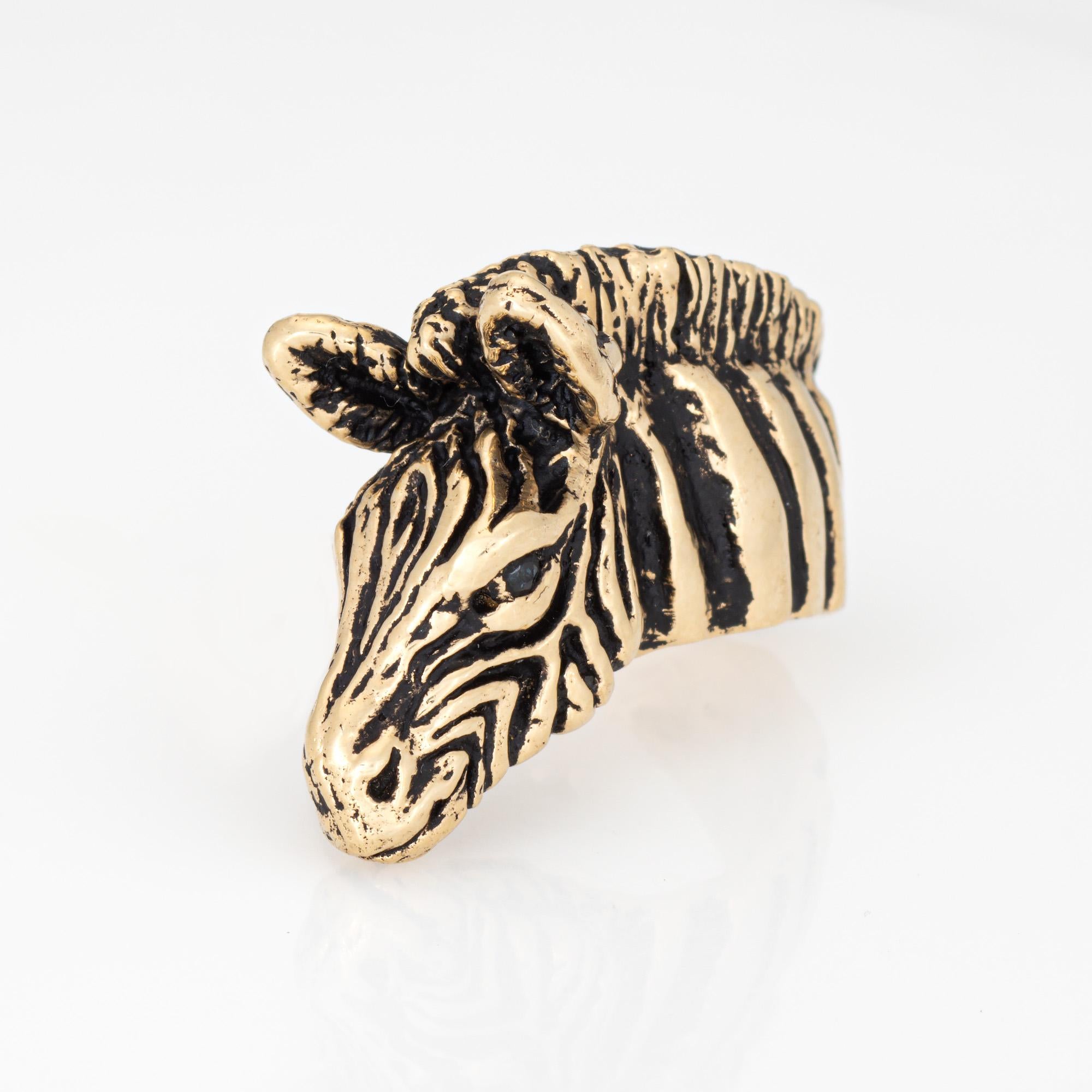 Modern Vintage Zebra Ring 14k Yellow Gold Band Sz 6.5 Black Enamel Stripes Fine Jewelry For Sale
