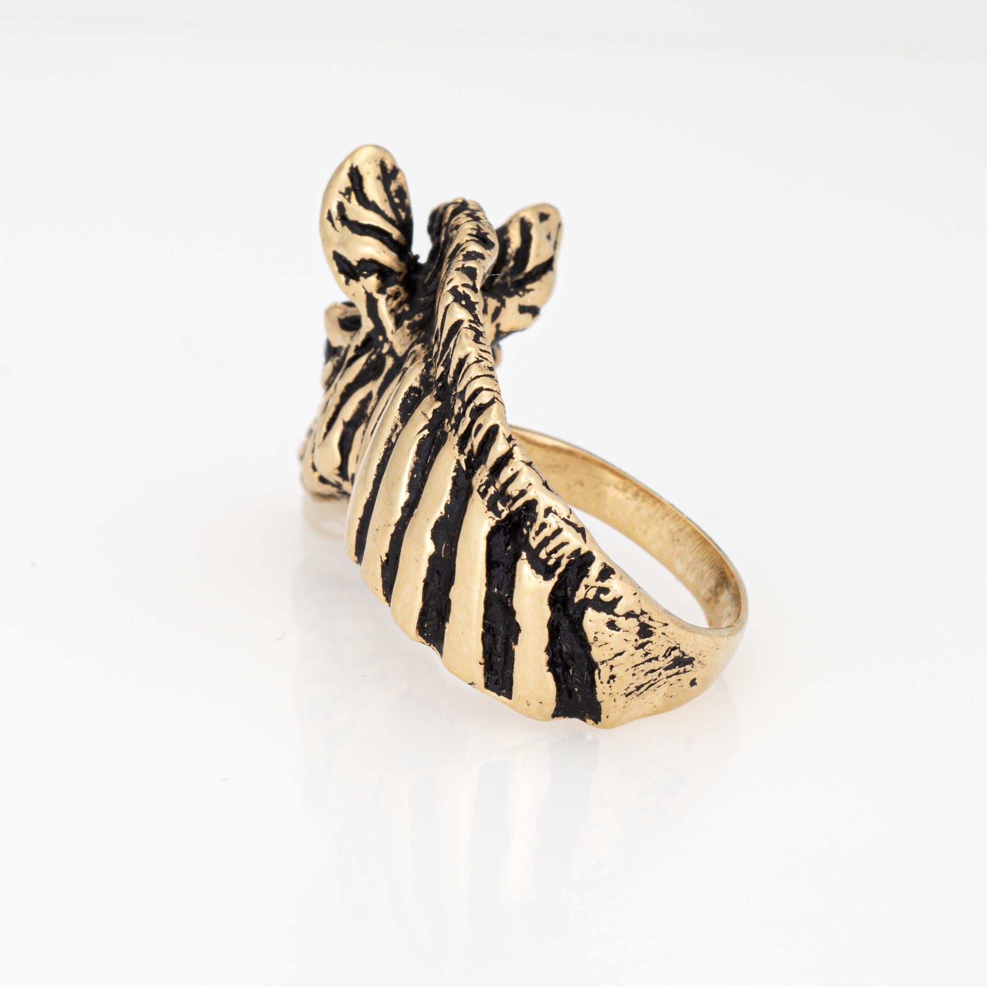Women's or Men's Vintage Zebra Ring 14k Yellow Gold Band Sz 6.5 Black Enamel Stripes Fine Jewelry For Sale