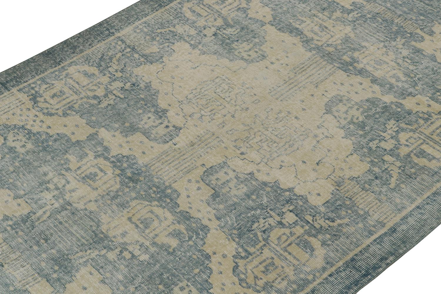 Hand-Knotted Vintage Zeki Müren Art Deco Rug in Blue and Off-White Pattern, by Rug & Kilim For Sale