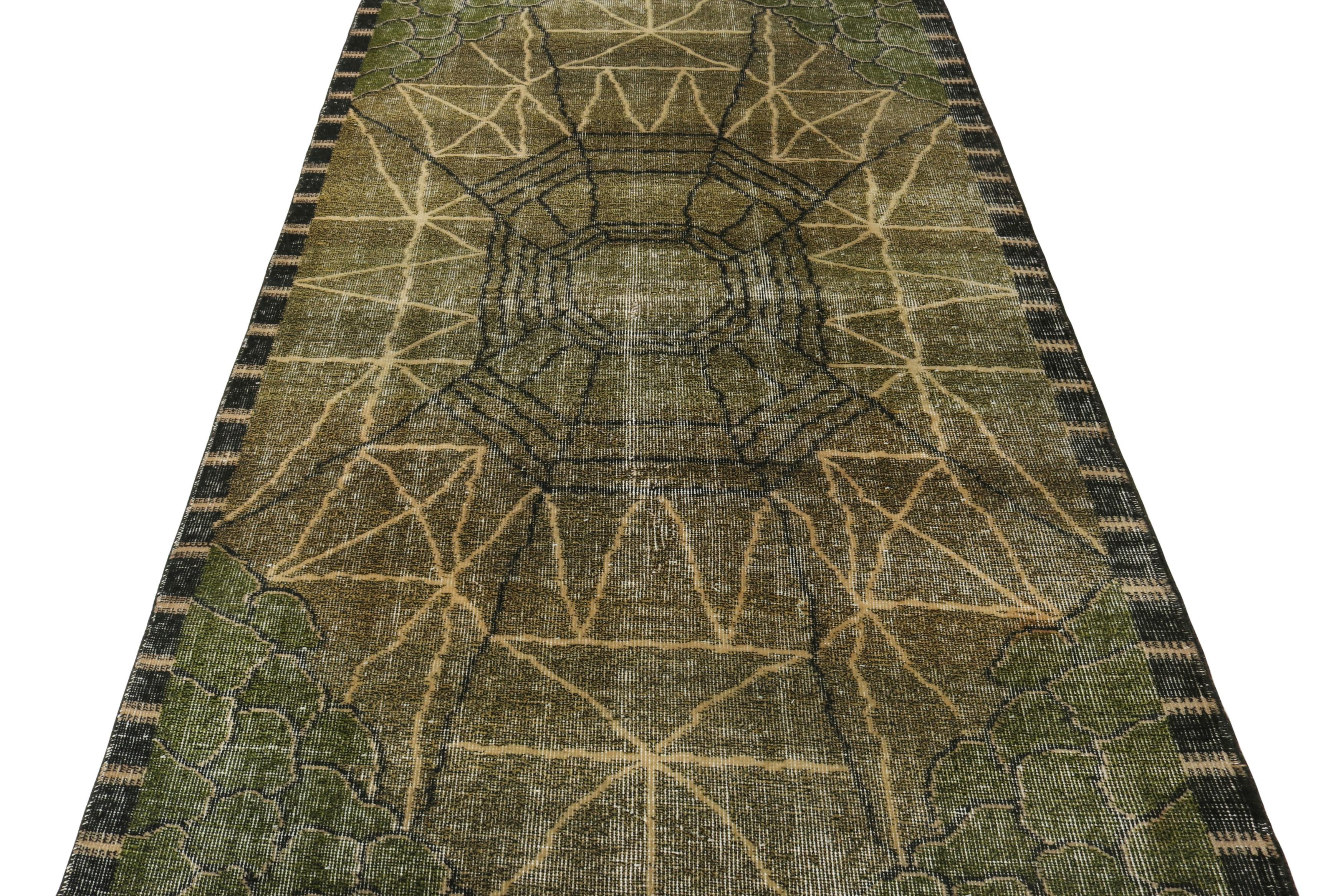 Turkish Vintage Zeki Muren Art Deco Rug in Green and Black Pattern, by Rug & Kilim For Sale