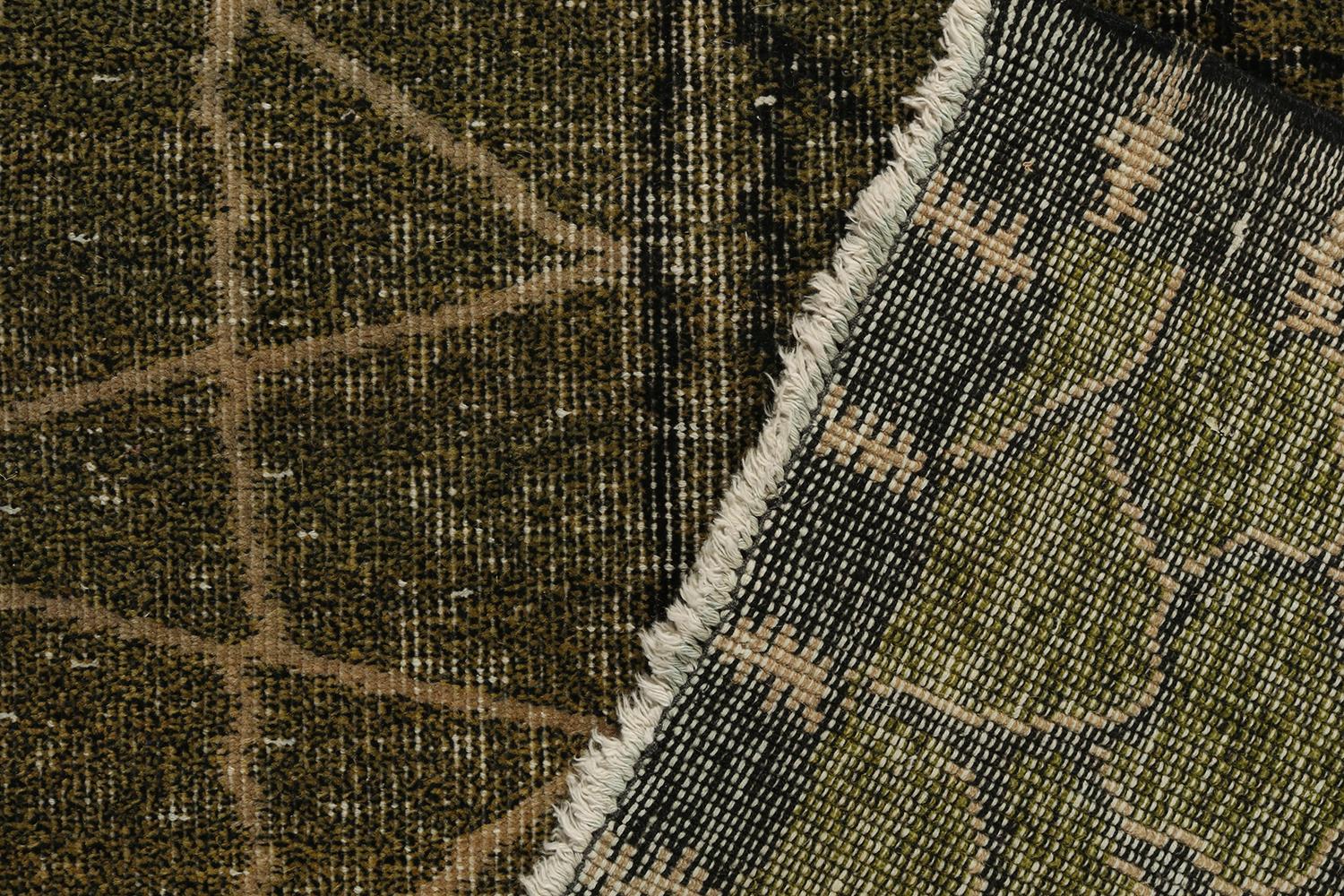 Wool Vintage Zeki Muren Art Deco Rug in Green and Black Pattern, by Rug & Kilim For Sale