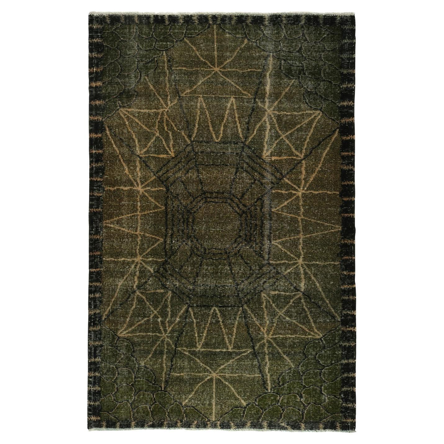 Zeki Muren, Art déco-Teppich im Vintage-Stil mit grünem und schwarzem Muster, von Rug & Kilim