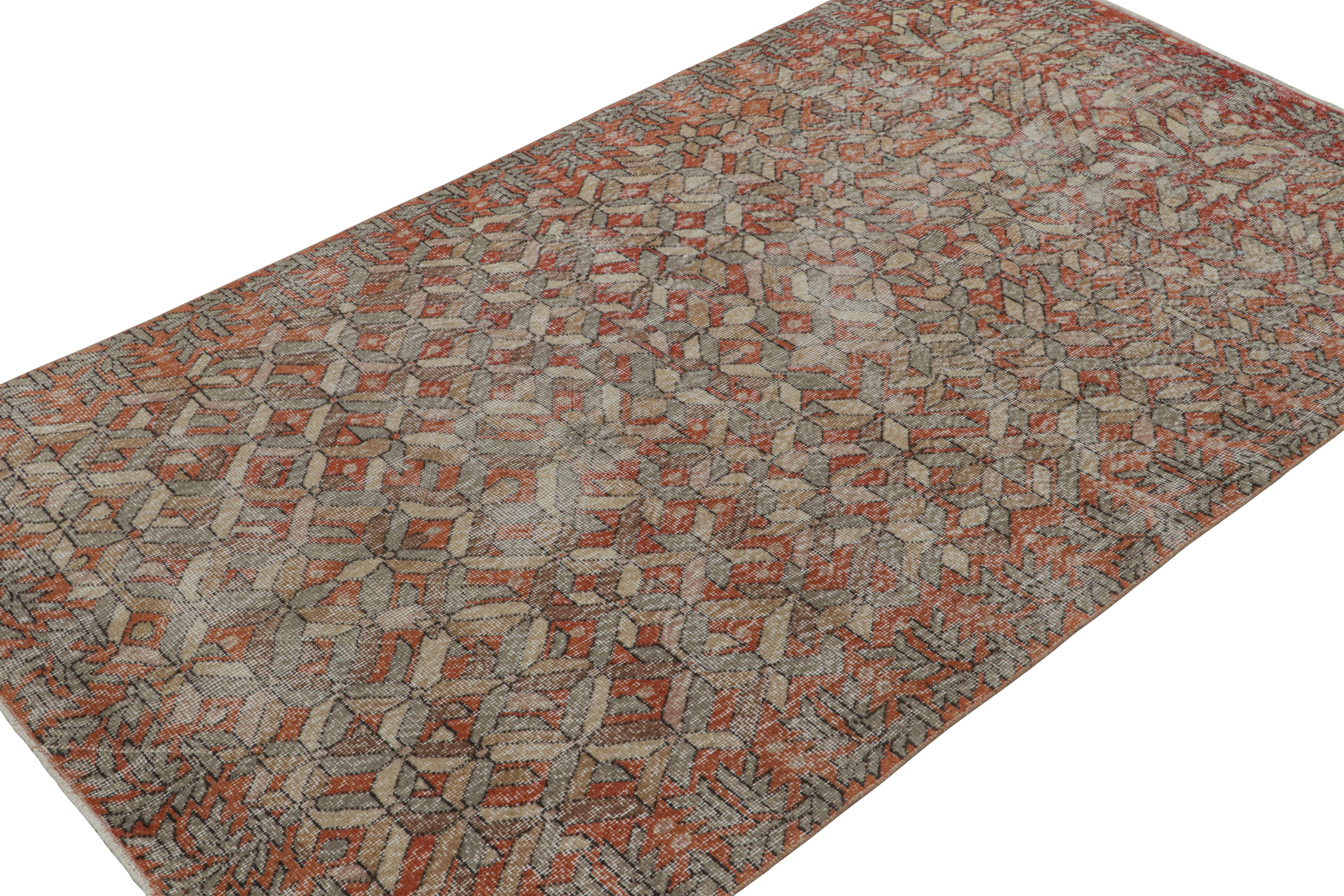 Hand-knotted in wool, circa 1960 - 1970, this 8x9 vintage Müren Art Deco rug is an exciting new addition to Rug & Kilim Mid-century Pasha Collection. Its design, displaying an industrial attitude within Art Deco, is believed to be a rare work of
