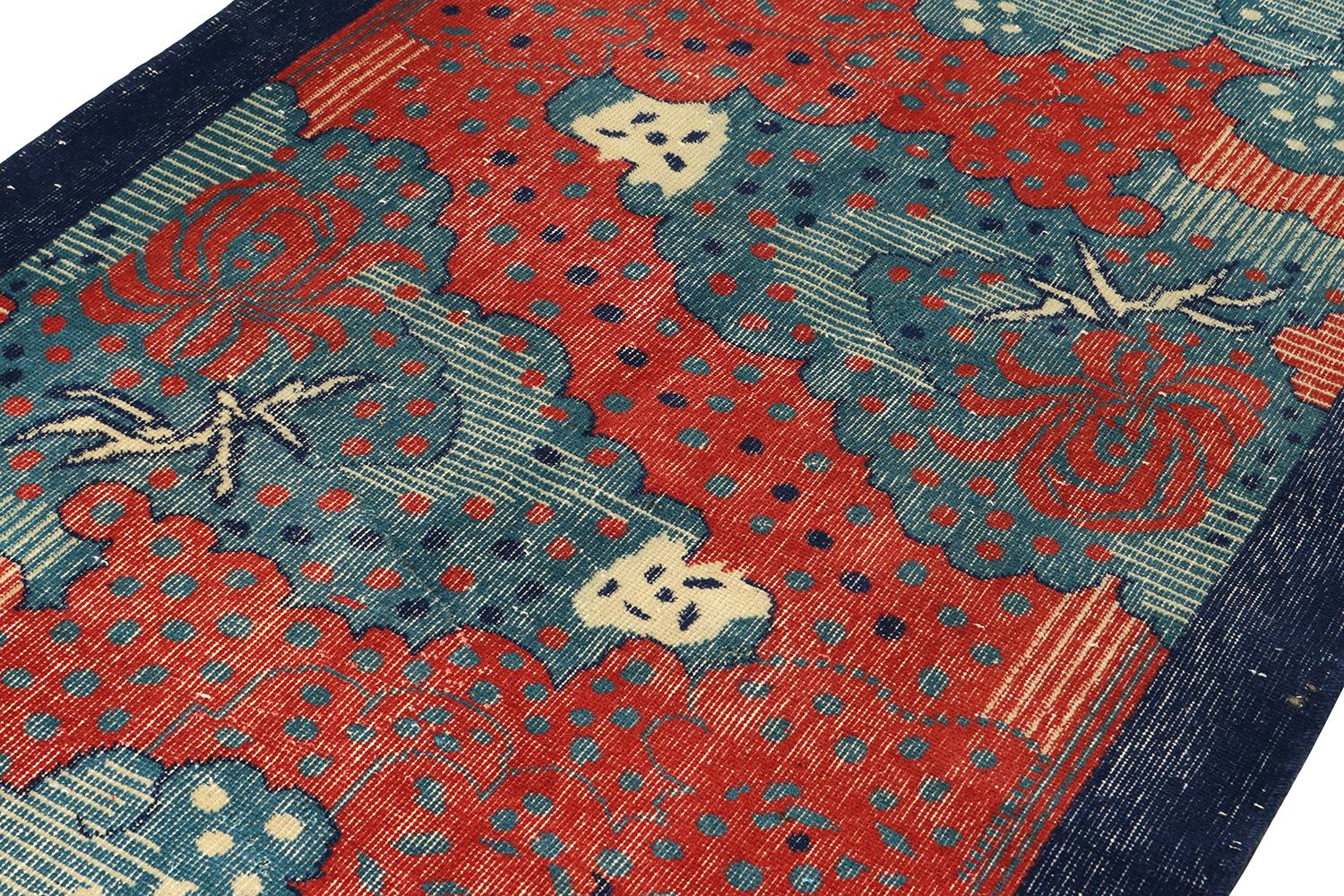 Hand-Knotted Vintage Zeki Müren Art Deco Rug in Red and Blue Pattern, by Rug & Kilim For Sale