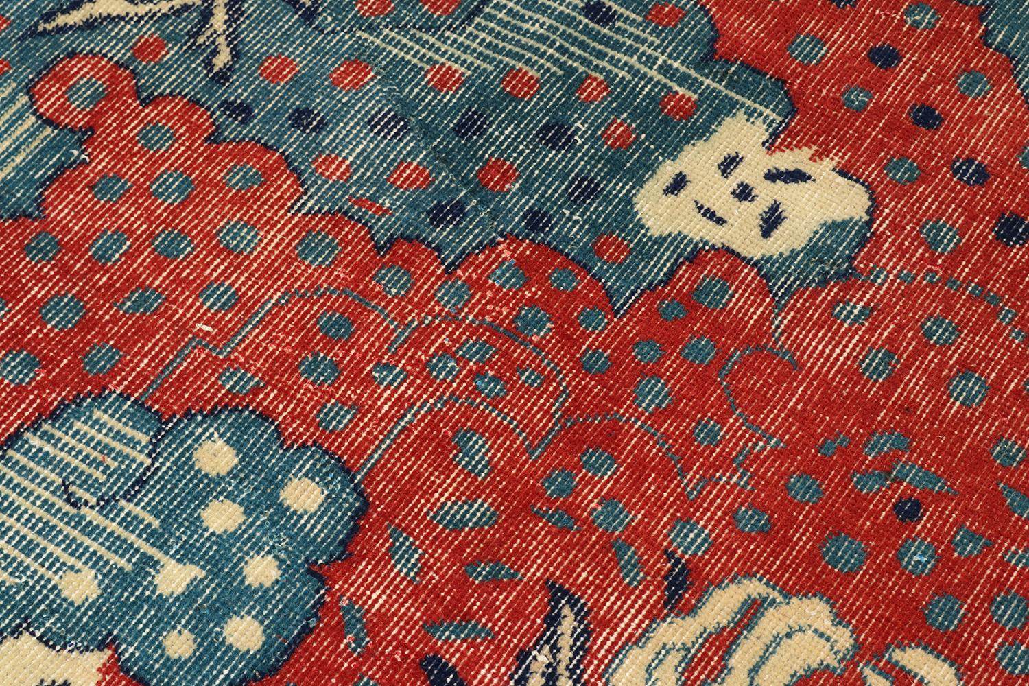 Mid-20th Century Vintage Zeki Müren Art Deco Rug in Red and Blue Pattern, by Rug & Kilim For Sale