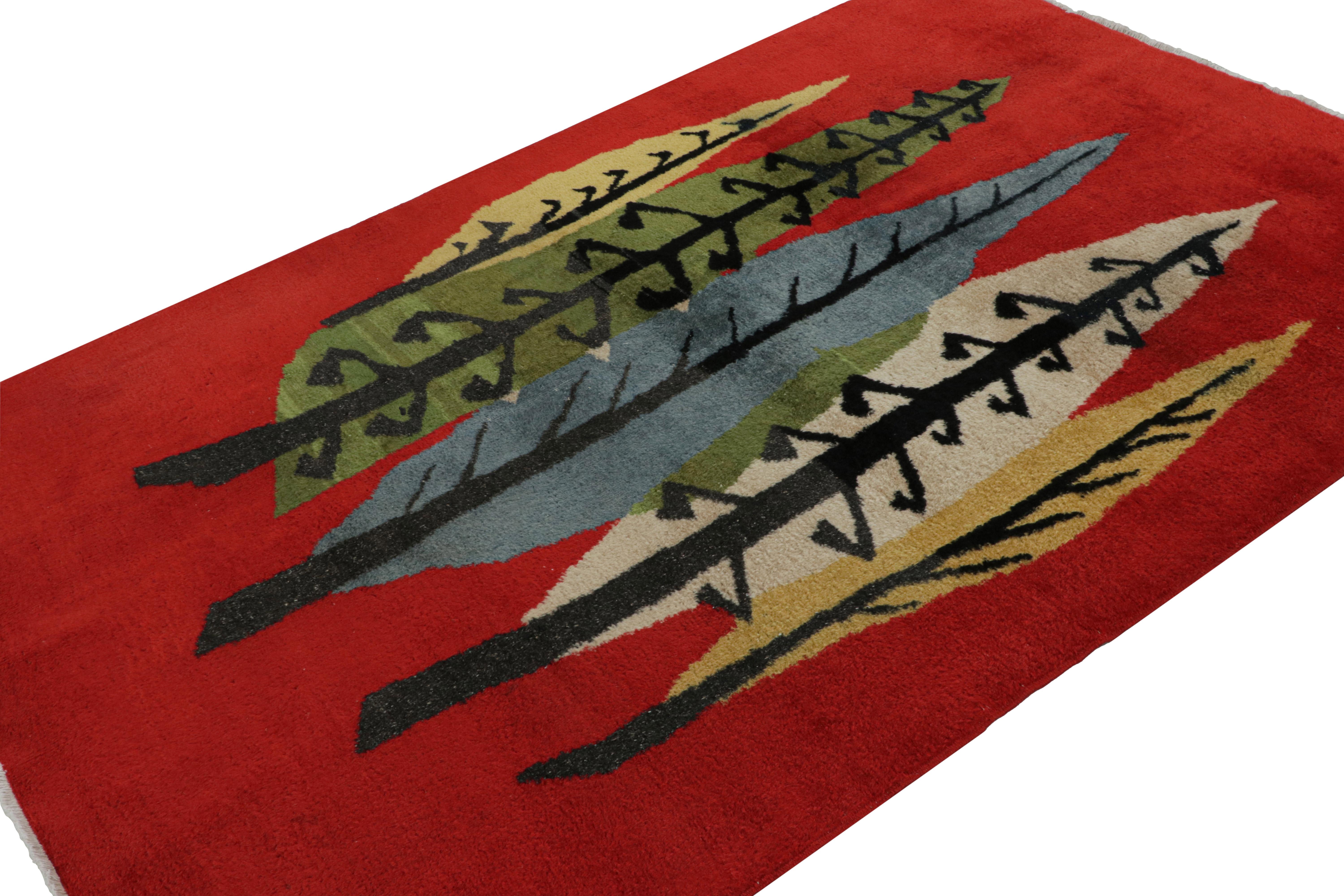 Hand-knotted in wool, circa 1960 - 1970, this 5x8 vintage Müren Art Deco rug drawn on primitivist tribal and Scandinavian Rya styles in its big colorful leaves’ pattern in green, blue and beige/brown. 

On the Design:  

Connoisseurs will appreciate