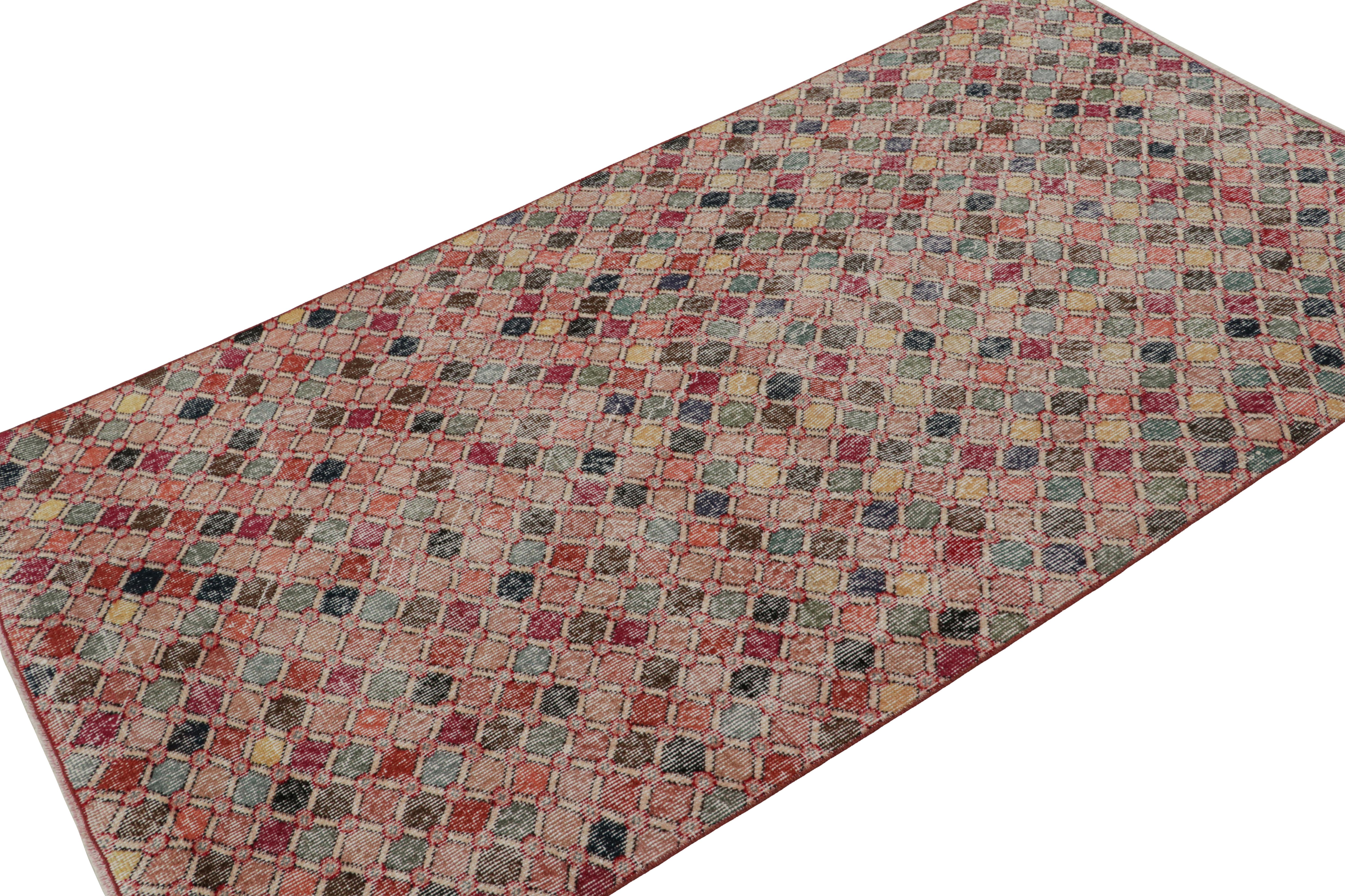 This vintage 4x7 Art Deco rug, hand-knotted in wool, circa 1960-1970, is a new addition to Rug & Kilim Collection. This line is a commemoration, with rare curations we believe to hail from multidisciplinary Turkish designer Zeki Müren. 

On the