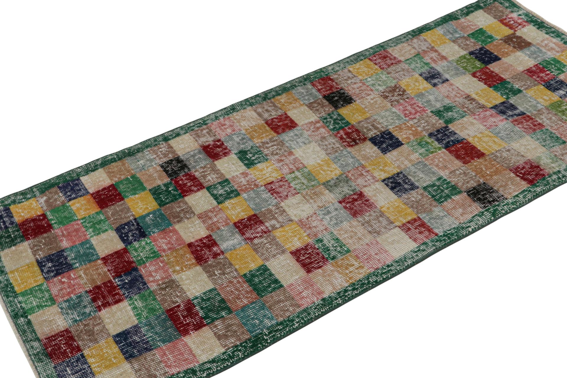 This vintage 2x5 Art Deco rug, hand-knotted in wool, circa 1960-1970, features a mid-century take on Art Deco and cubist sensibilities, with Zeki Müren’s sought-after sense of playful color and movement therein.  

On the Design: 

Connoisseurs will