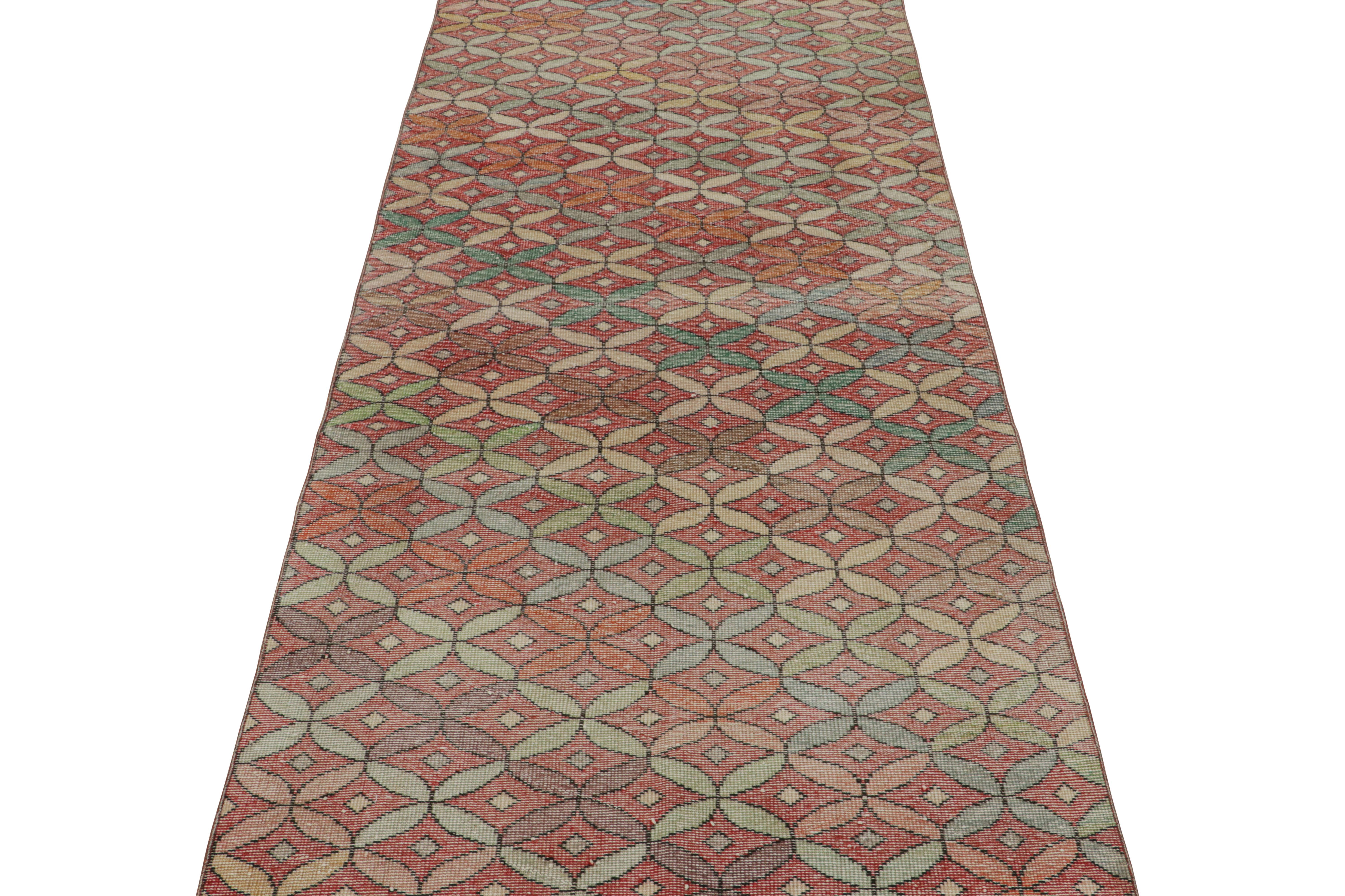 Turkish Vintage Zeki Müren Art Deco Runner Rug in Red with Trellises, from Rug & Kilim For Sale