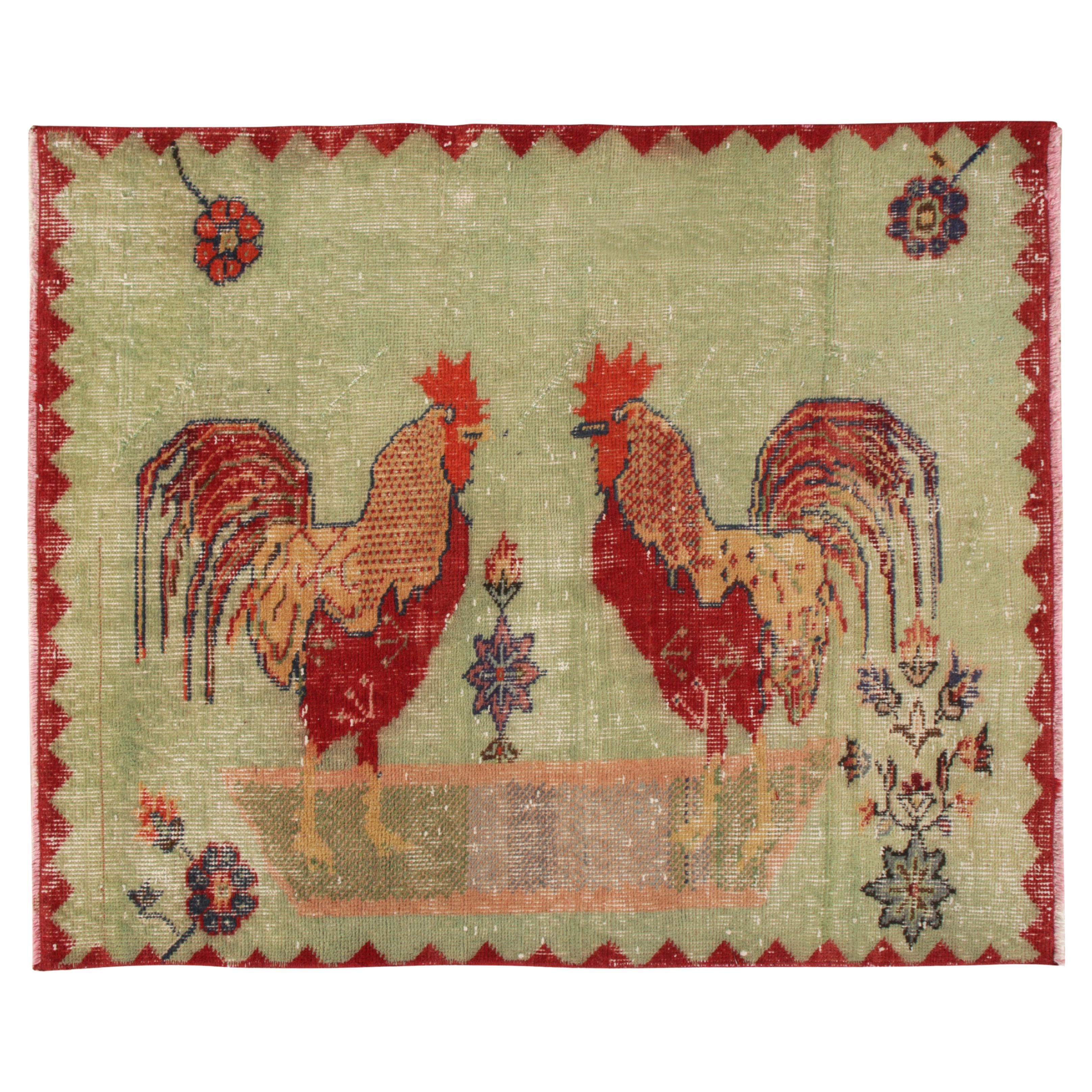 Vintage Zeki Müren Rug in Green, Red, Pictorial Rooster Pattern by Rug & Kilim