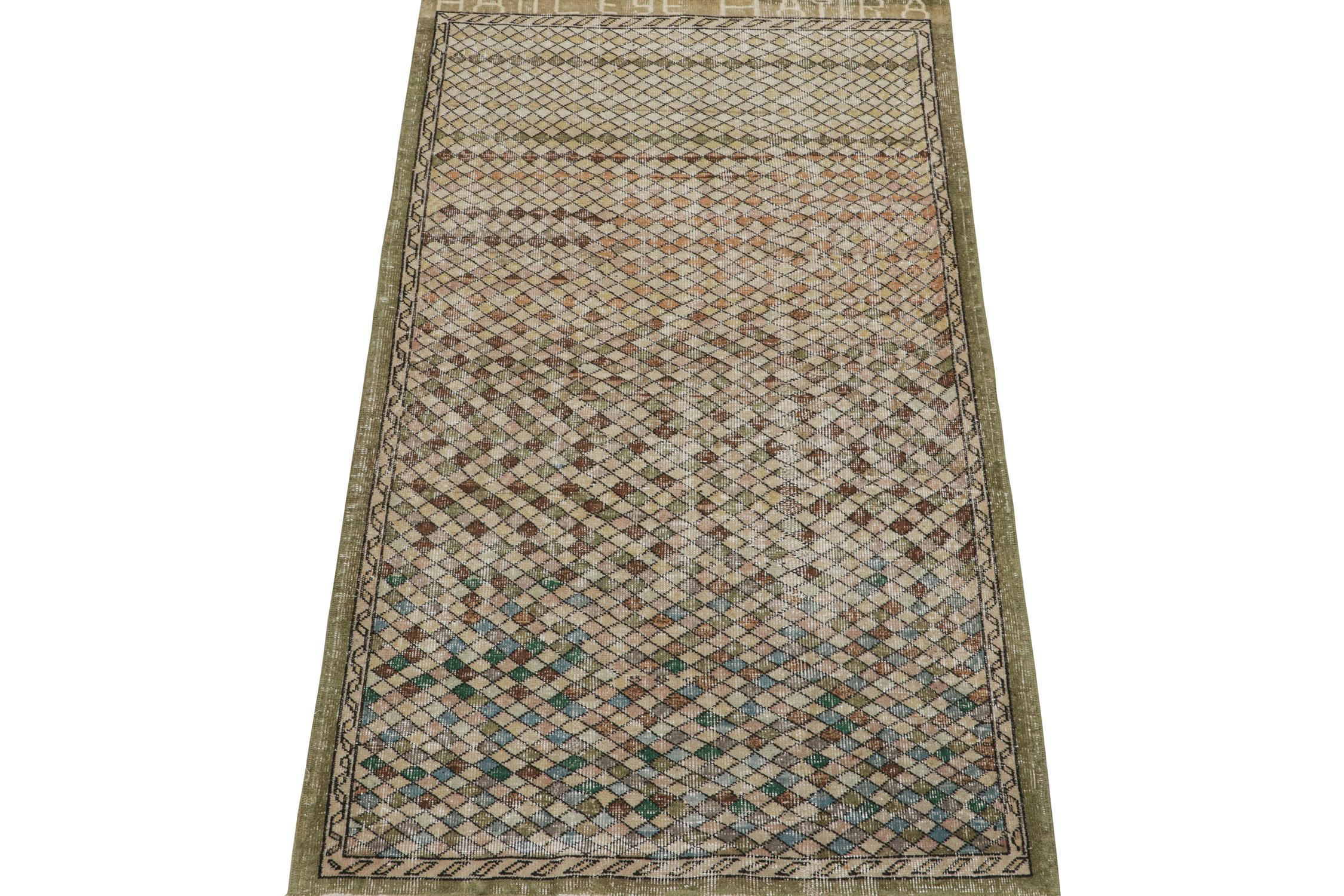 This vintage 4x7 rug is a new addition to Rug & Kilim’s Mid-Century Pasha Collection. This line is a commemoration, with rare curations we believe to hail from multidisciplinary Turkish designer Zeki Müren.
 
Hand-knotted in wool circa 1960-1970,