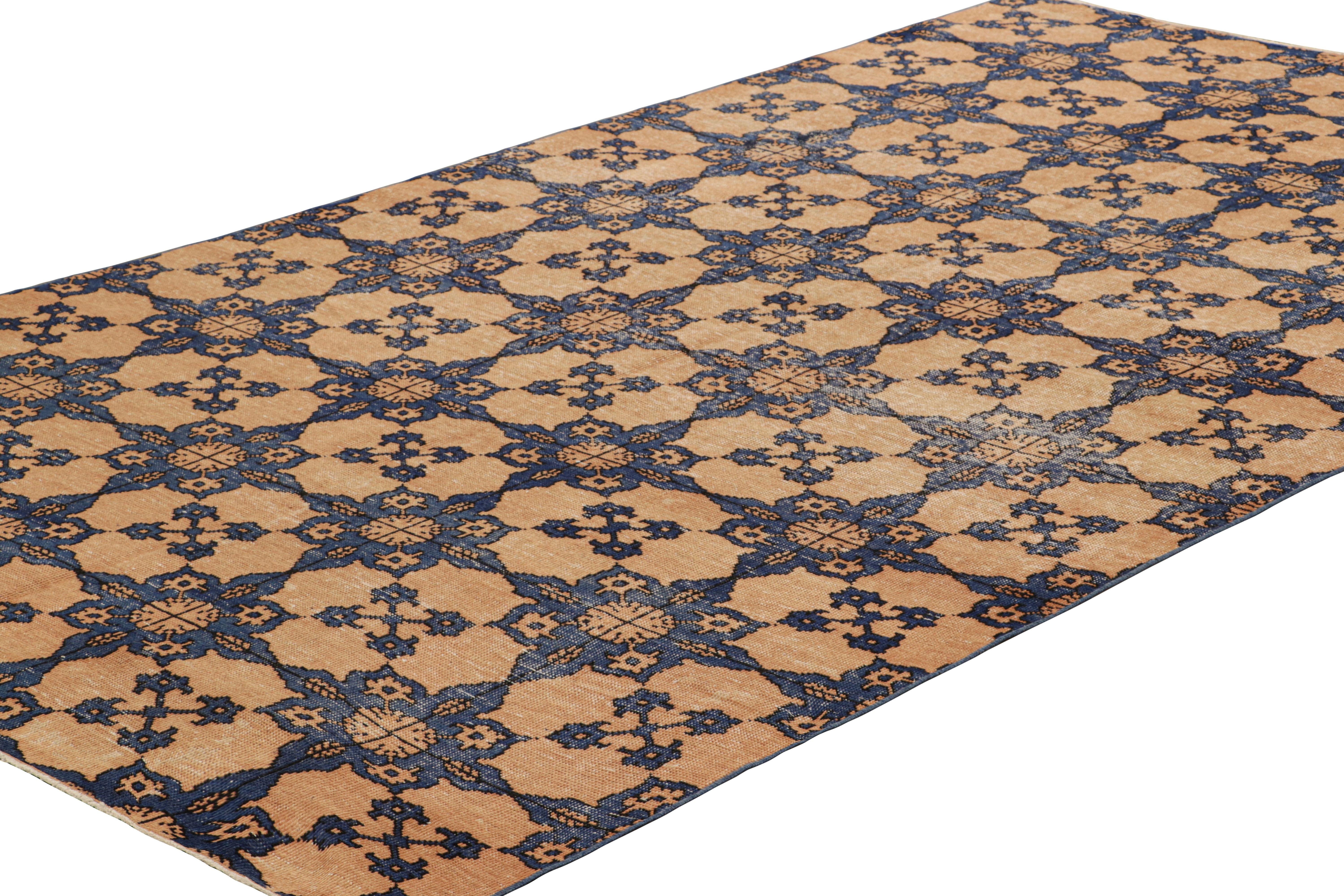 Hand-Knotted Vintage Zeki Müren Rug in Beige and Blue Geometric Medallions, from Rug & Kilim For Sale