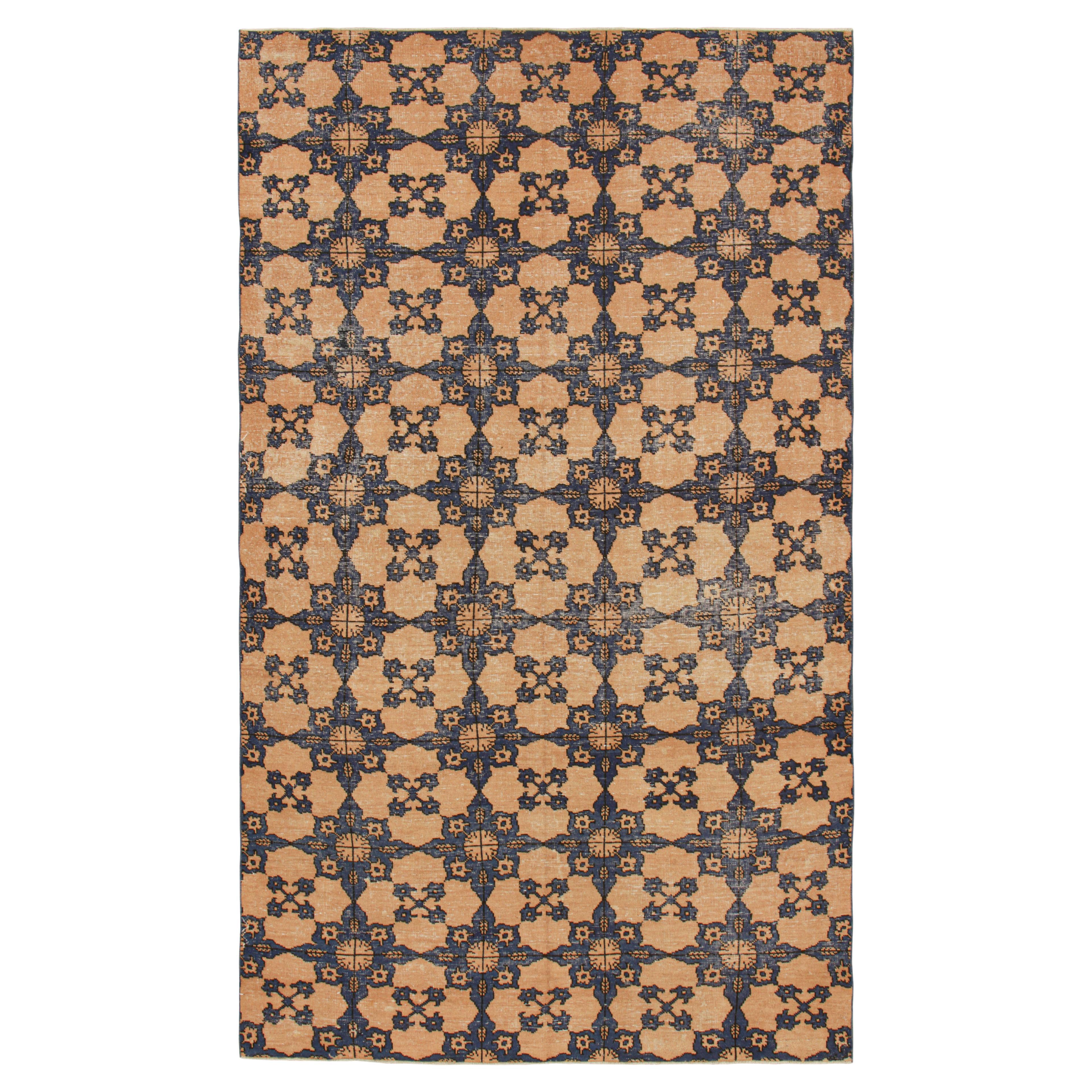 Vintage Zeki Müren Rug in Beige and Blue Geometric Medallions, from Rug & Kilim For Sale