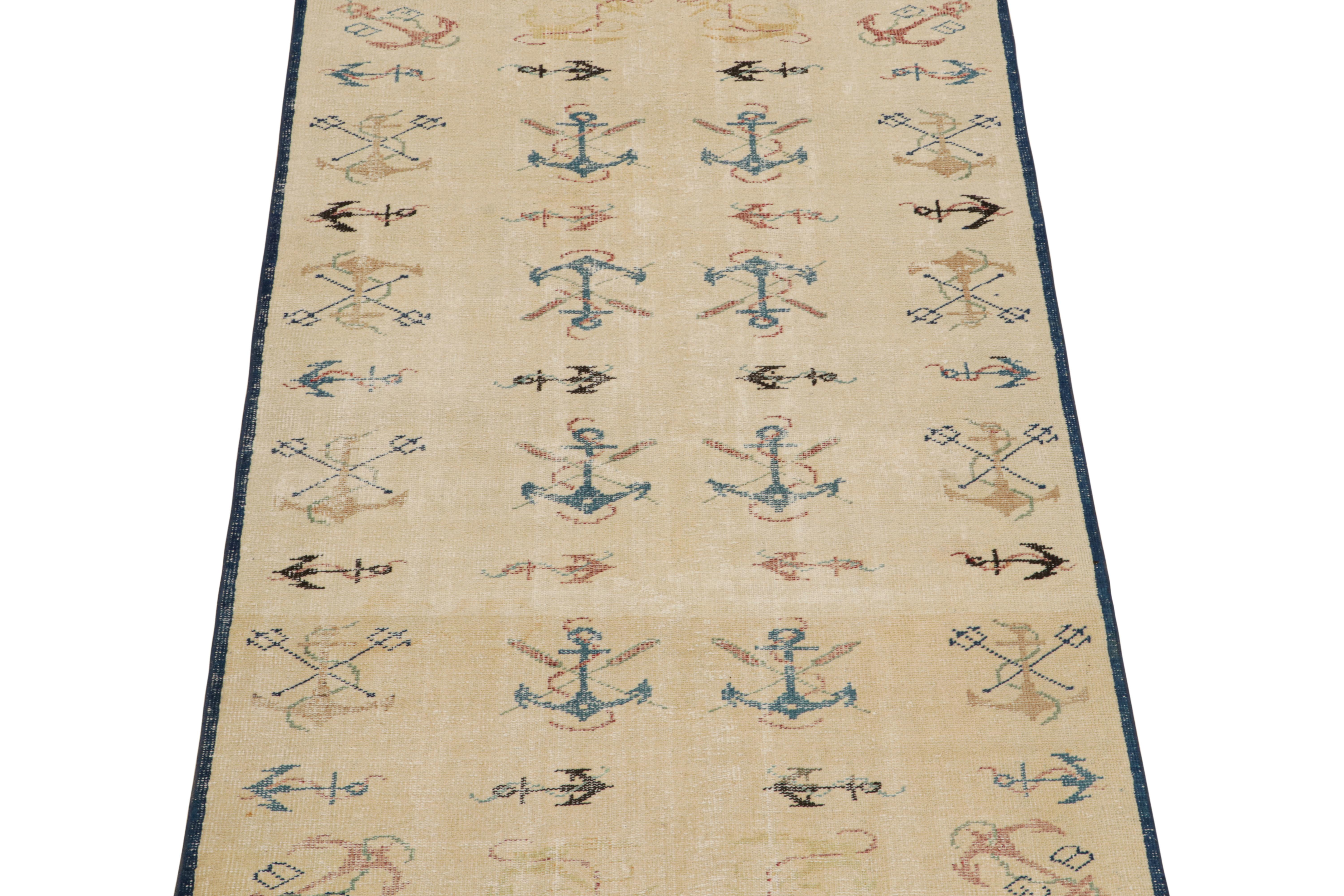 This vintage 4x6 rug is a new addition to Rug & Kilim’s Mid-Century Pasha Collection. This line is a commemoration, with rare curations we believe to hail from multidisciplinary Turkish designer Zeki Müren
 
Hand-knotted in wool circa 1960-1960,