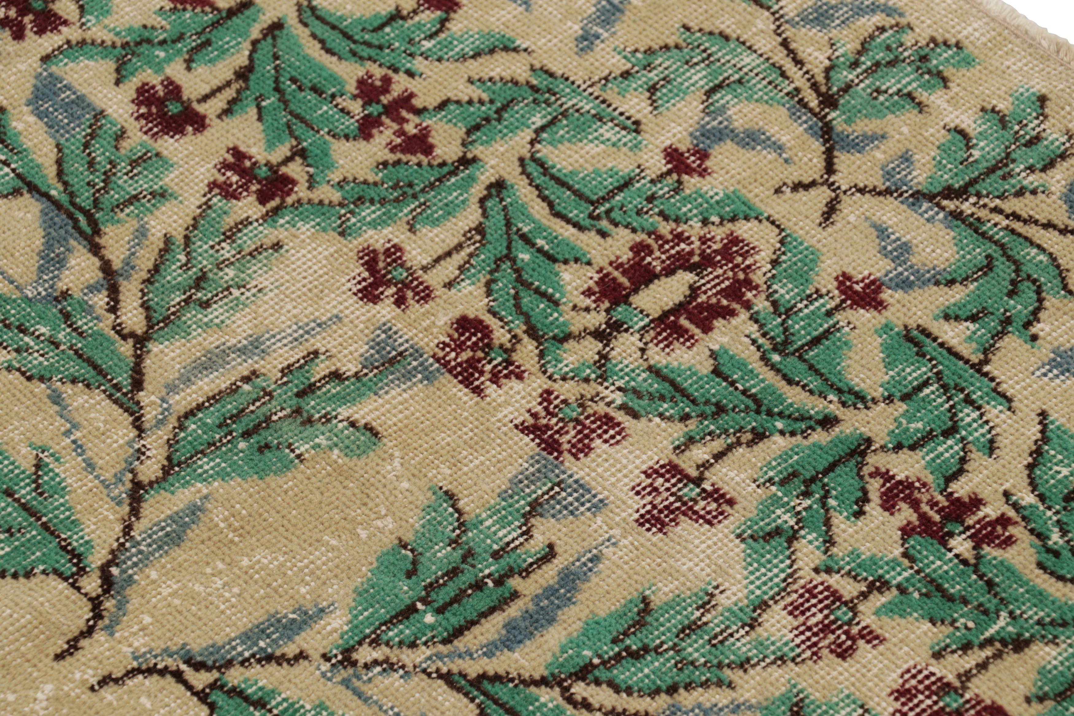 Wool Vintage Zeki Müren Rug in Beige with Green and Blue Floral Pattern - Rug & Kilim For Sale