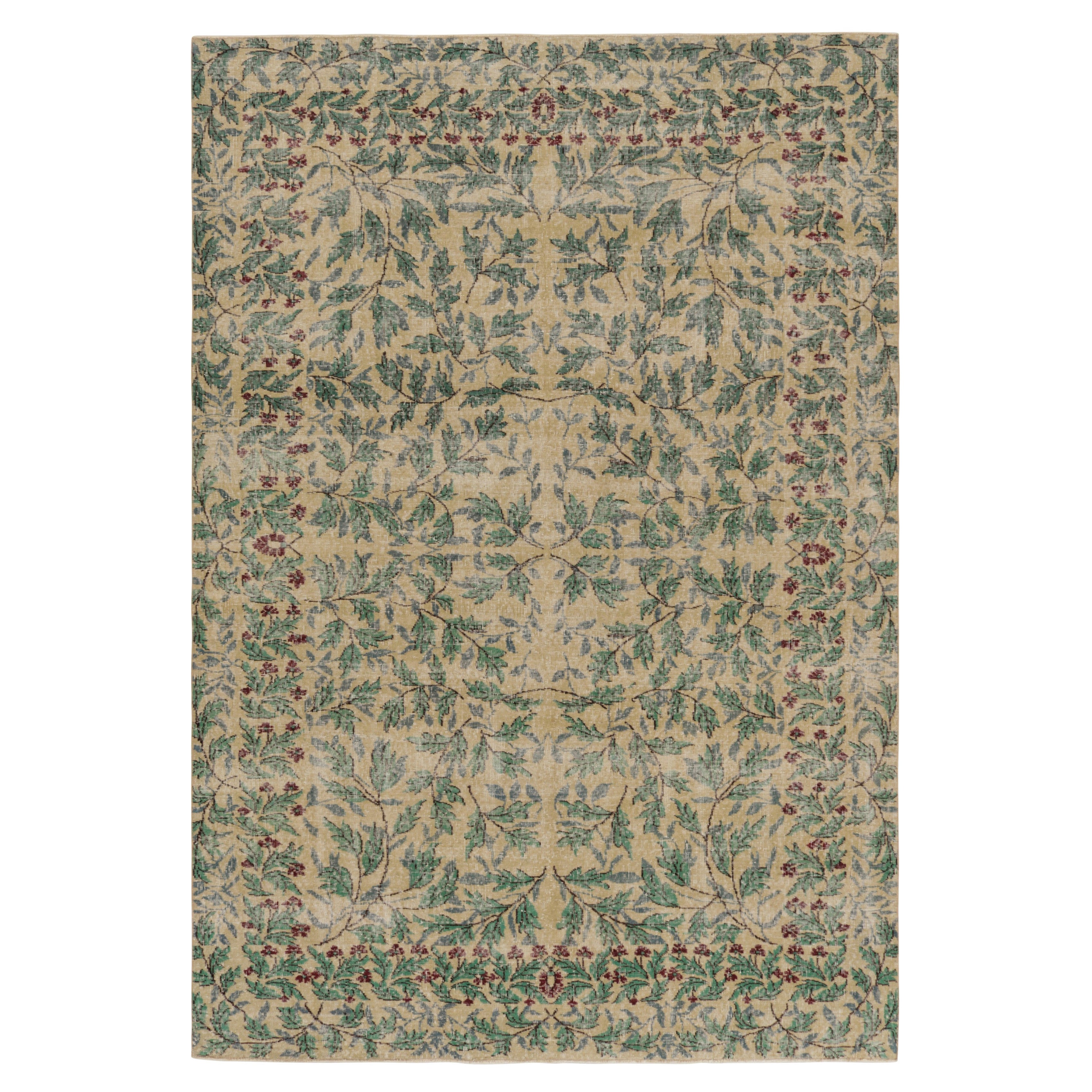 Vintage Zeki Müren Rug in Beige with Green and Blue Floral Pattern - Rug & Kilim For Sale