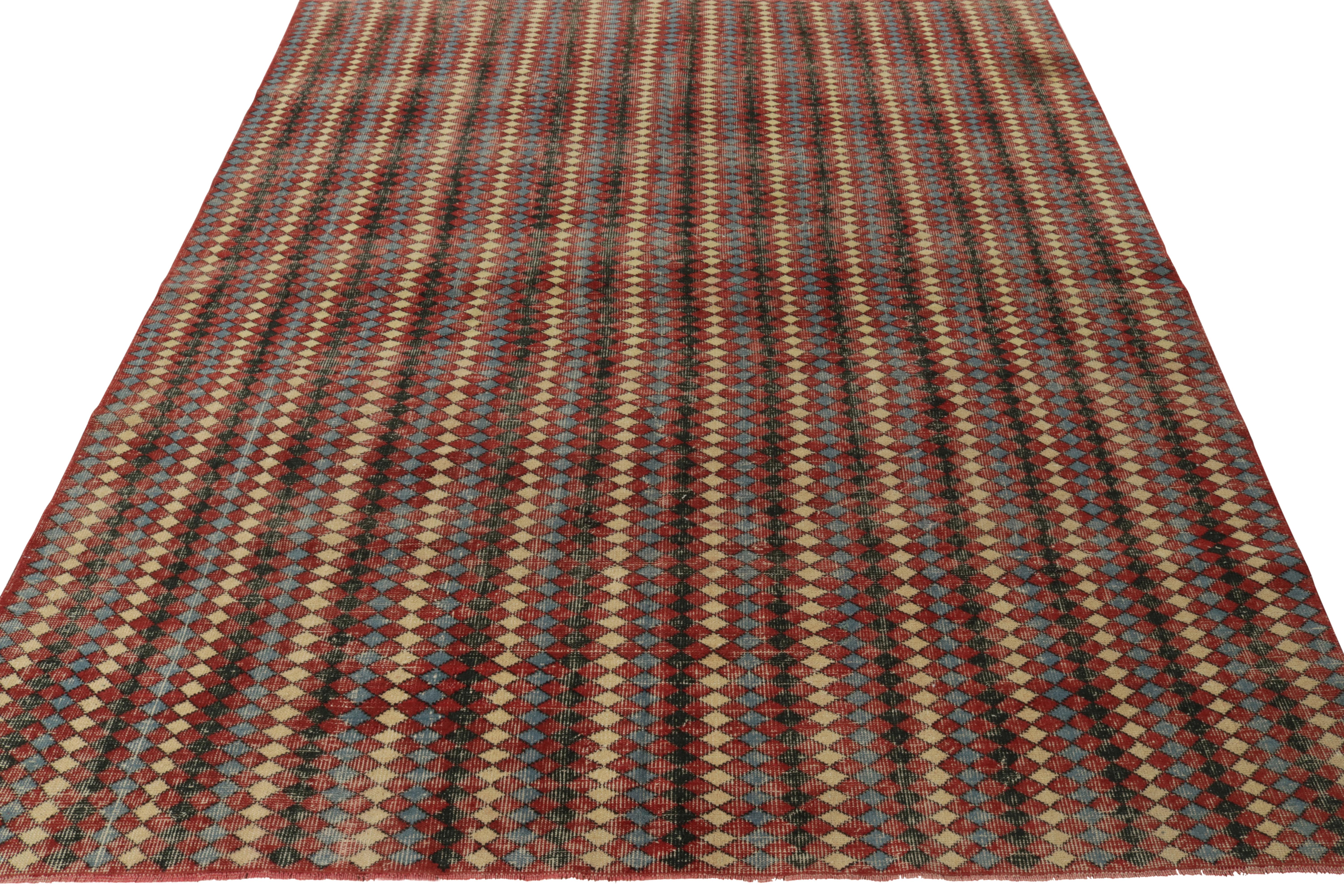 Hand-knotted in wool, a 7x9 distressed style vintage rug from the celebrated artist Zeki Muren - one of his latest pieces to join Rug & Kilim’s Mid-Century Pasha collection. The rustic drawing derives a shabby chic vibe with the employment of rich