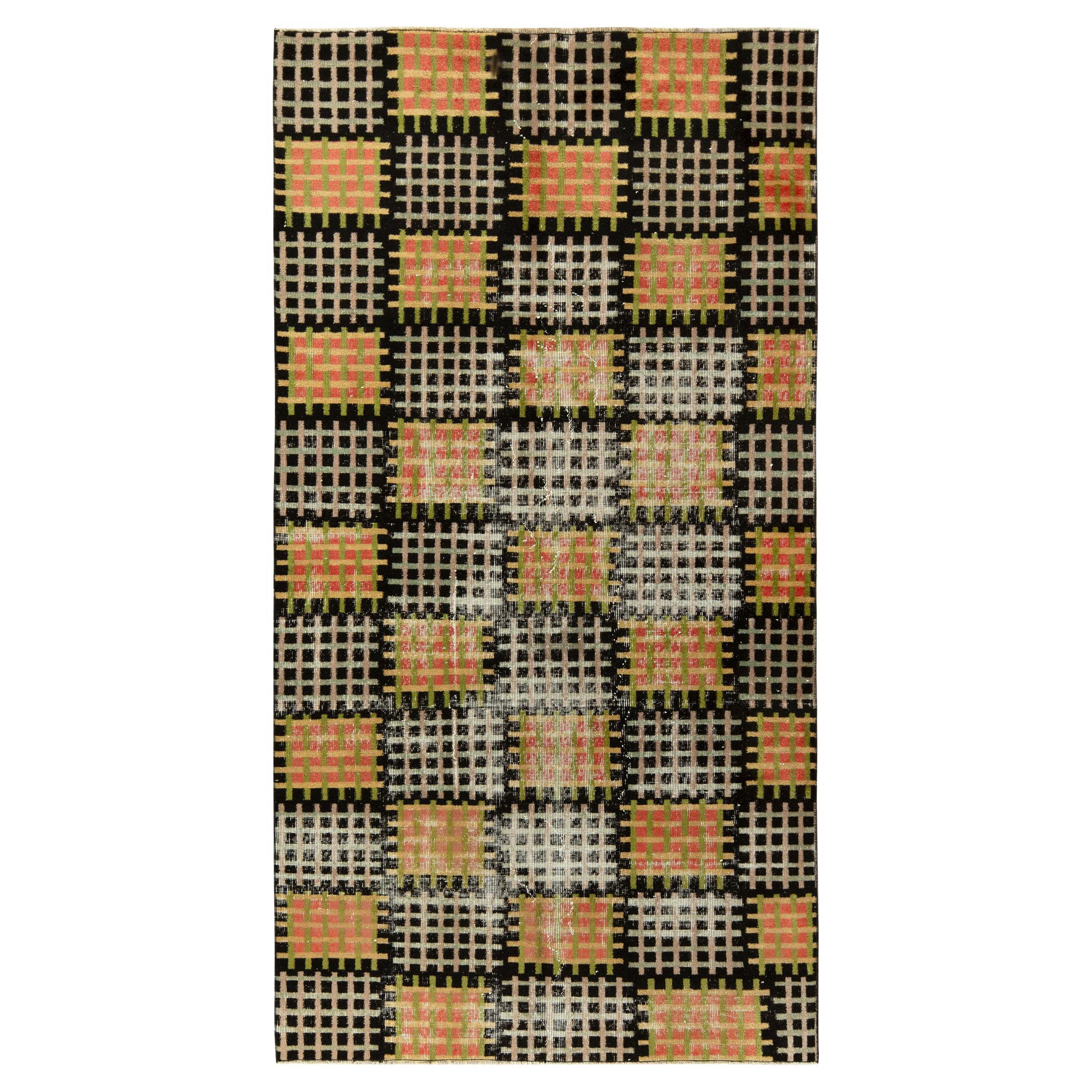 Vintage Zeki Müren Rug in Black, White, Green Geometric Pattern by Rug & Kilim For Sale