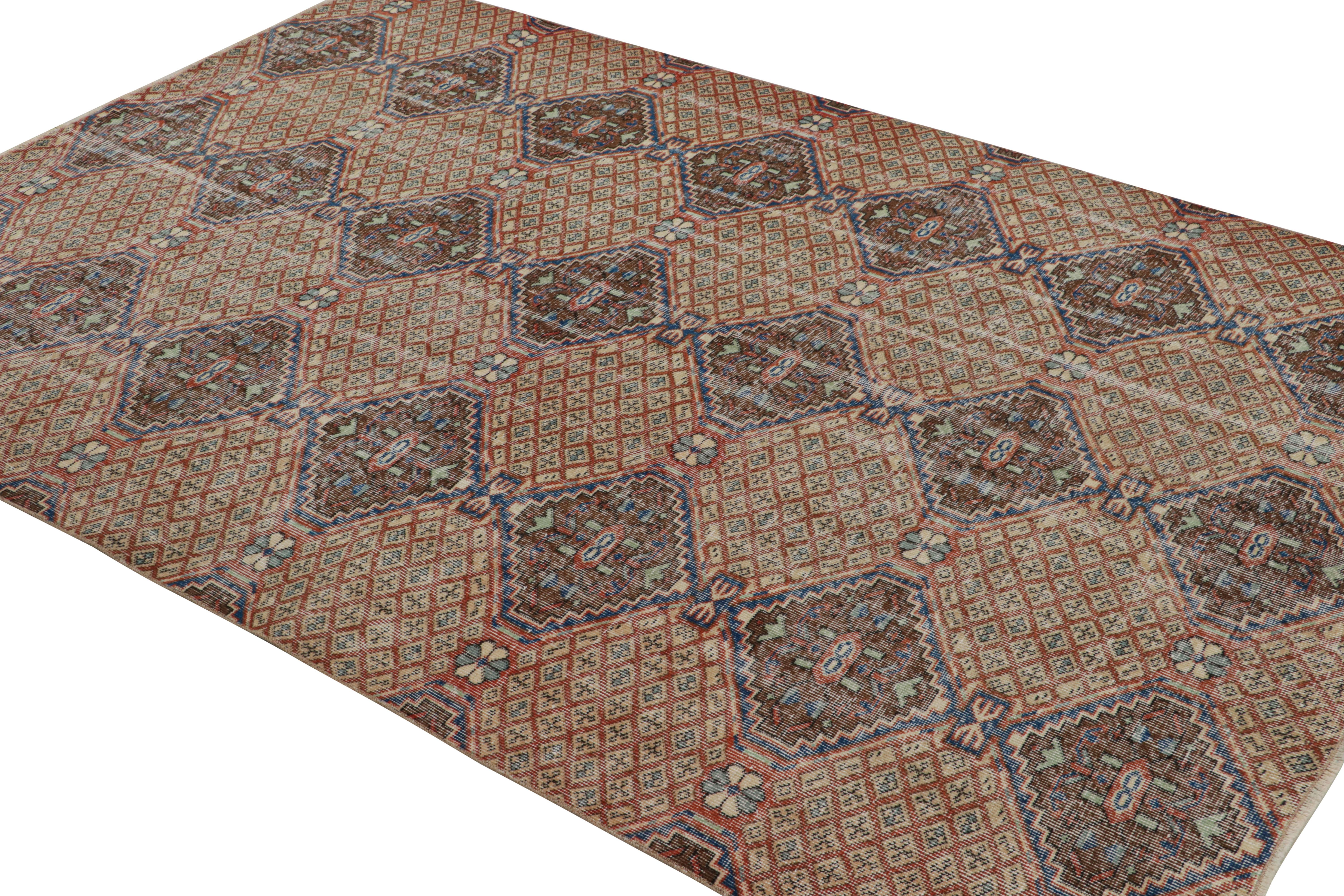 Handknotted in wool, this 6x9 vintage rug originates from Turkey, circa 1960-1970, and is believed to be among the works of mid-century designer Zeki Múren. 

On the Design:

In this piece, brown, red and blue tones underscore geometric patterns