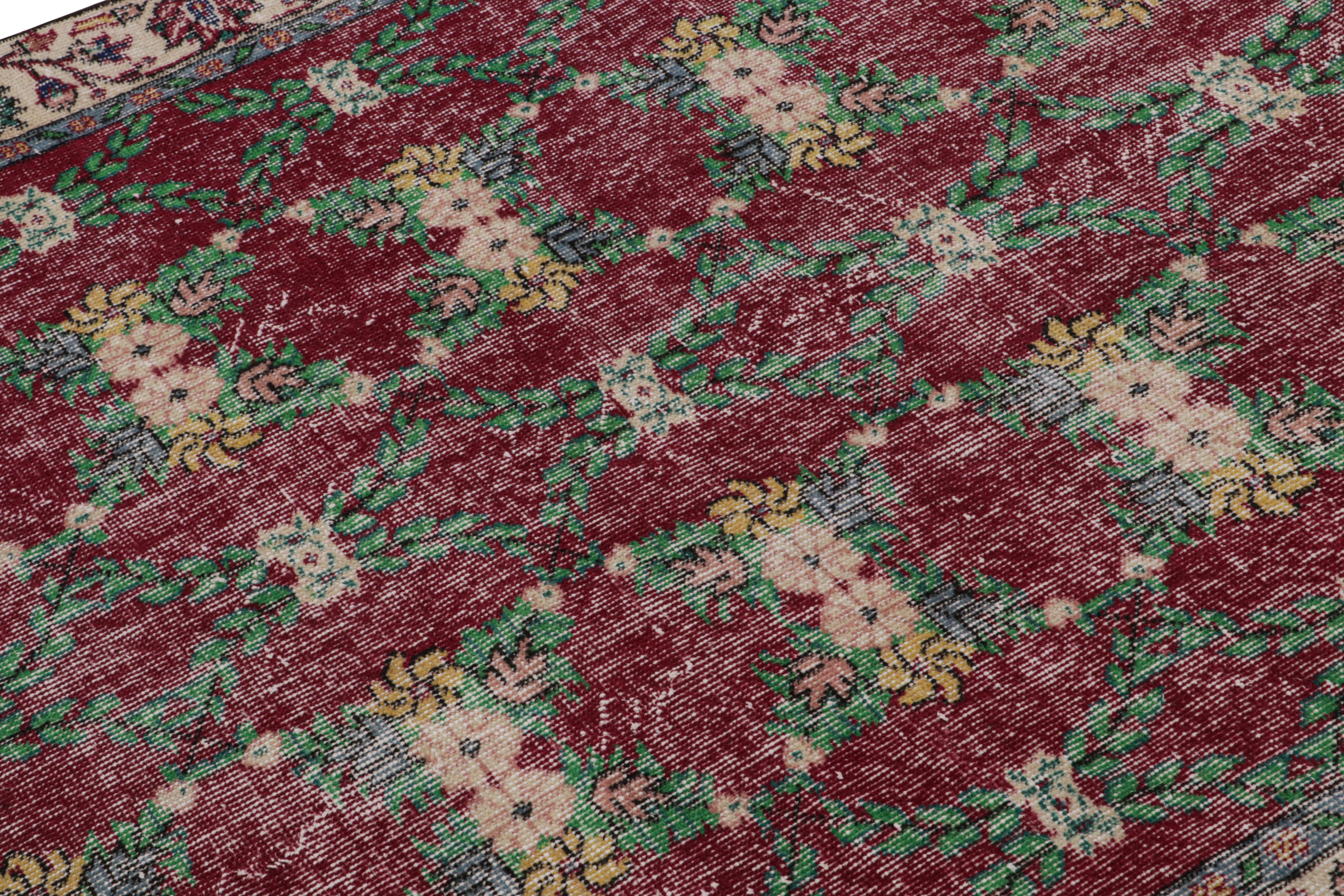 Hand-Knotted Vintage Zeki Müren Rug in Burgundy with Teal Floral Patterns, from Rug & Kilim For Sale