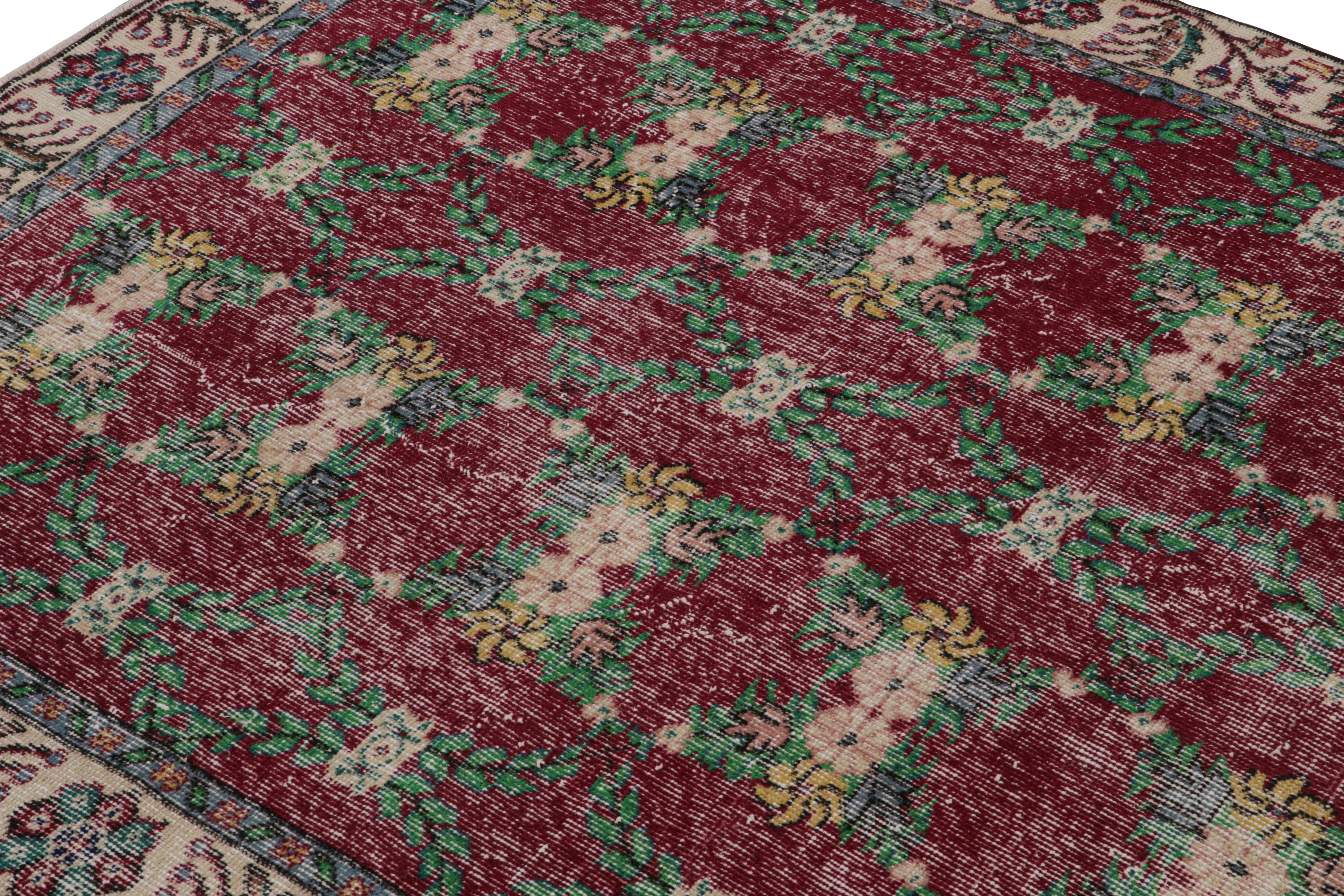 Vintage Zeki Müren Rug in Burgundy with Teal Floral Patterns, from Rug & Kilim In Good Condition For Sale In Long Island City, NY