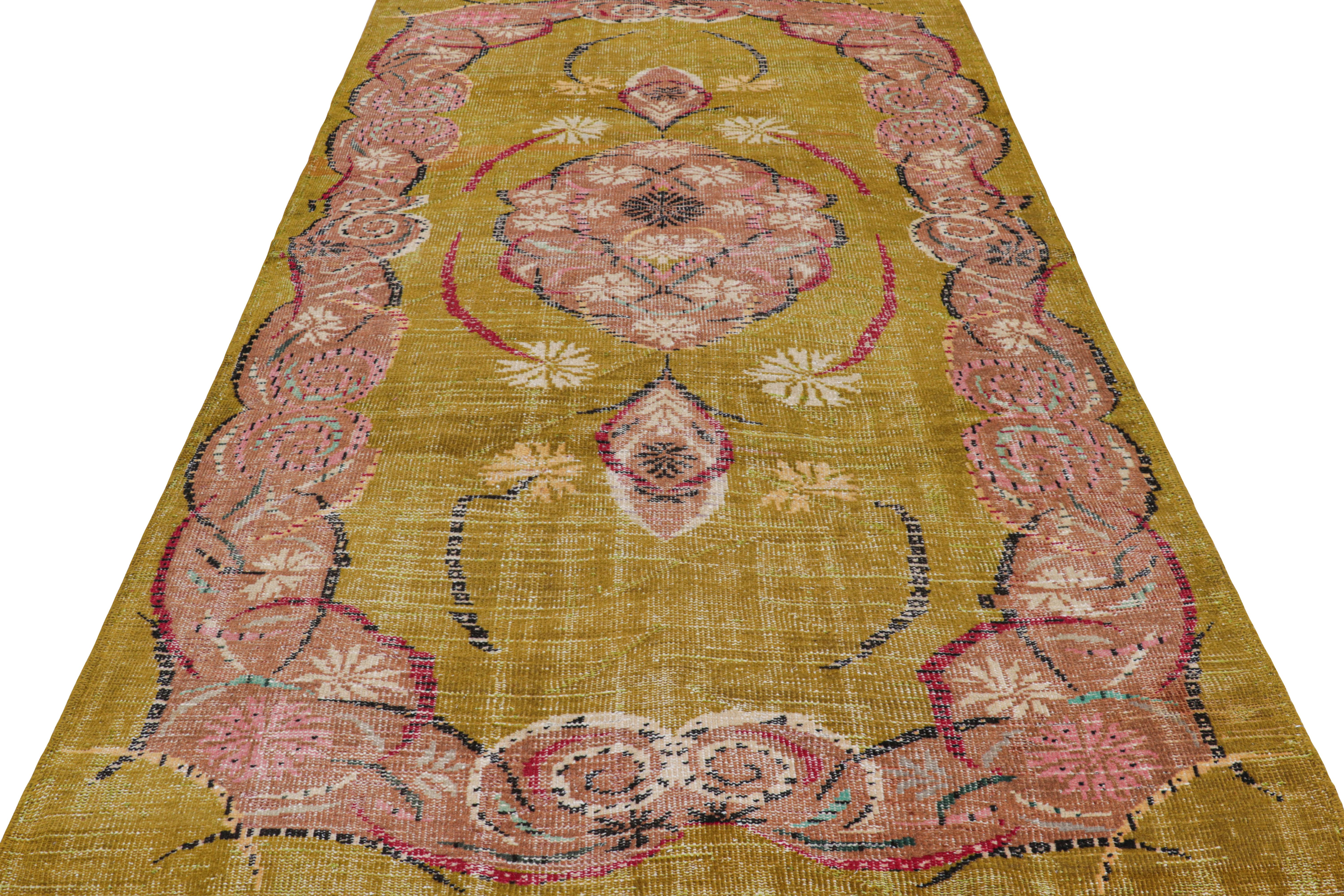 Hand-Knotted Vintage Zeki Müren Rug in Chartreuse with Floral Medallion, from Rug & Kilim For Sale