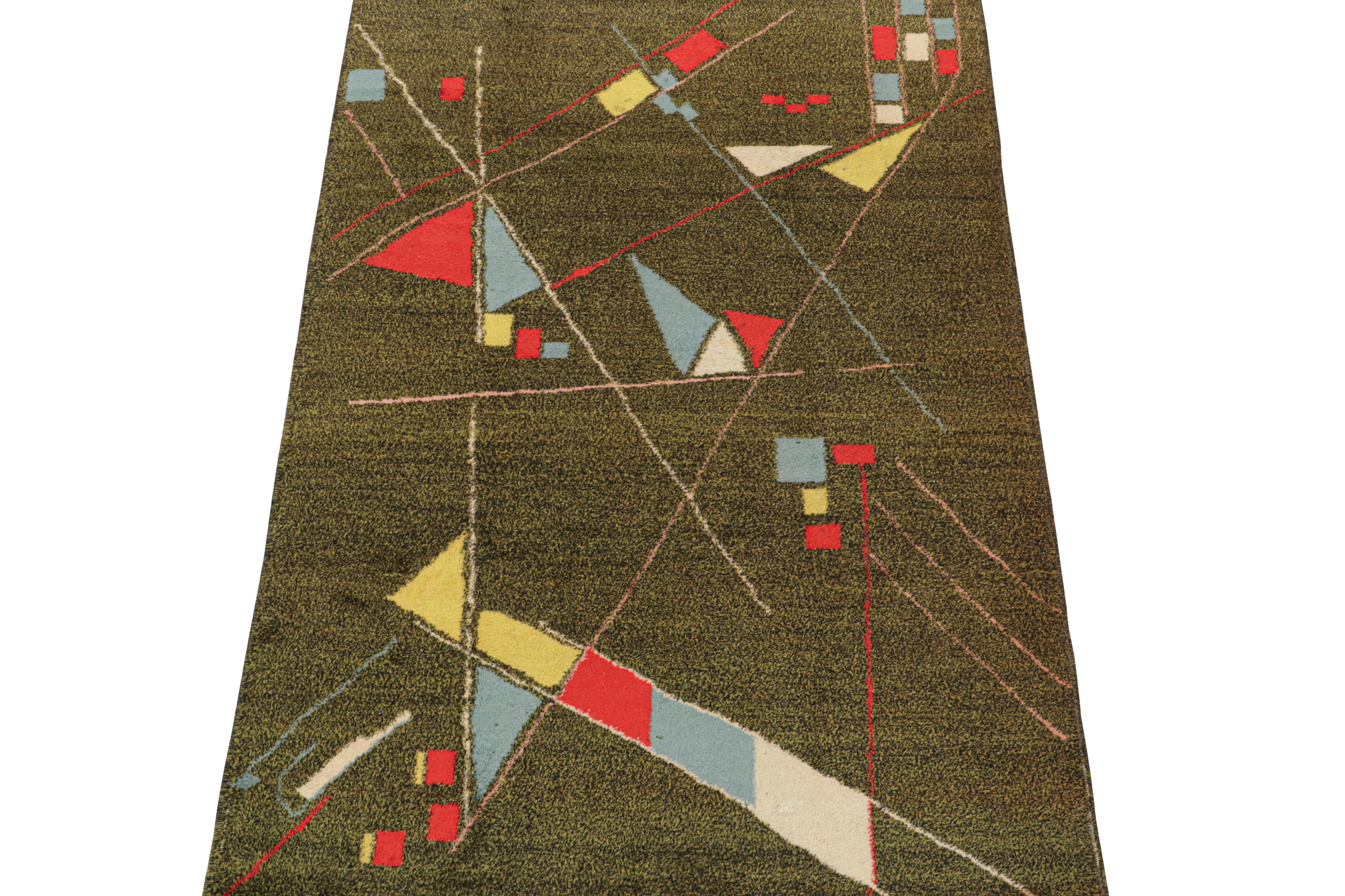 This vintage 4x7 rug is an exciting new addition to Rug & Kilim’s Mid-Century Pasha Collection. This line is a commemoration, with rare curations we believe to hail from multidisciplinary Turkish designer Zeki Müren. Hand-knotted in wool circa