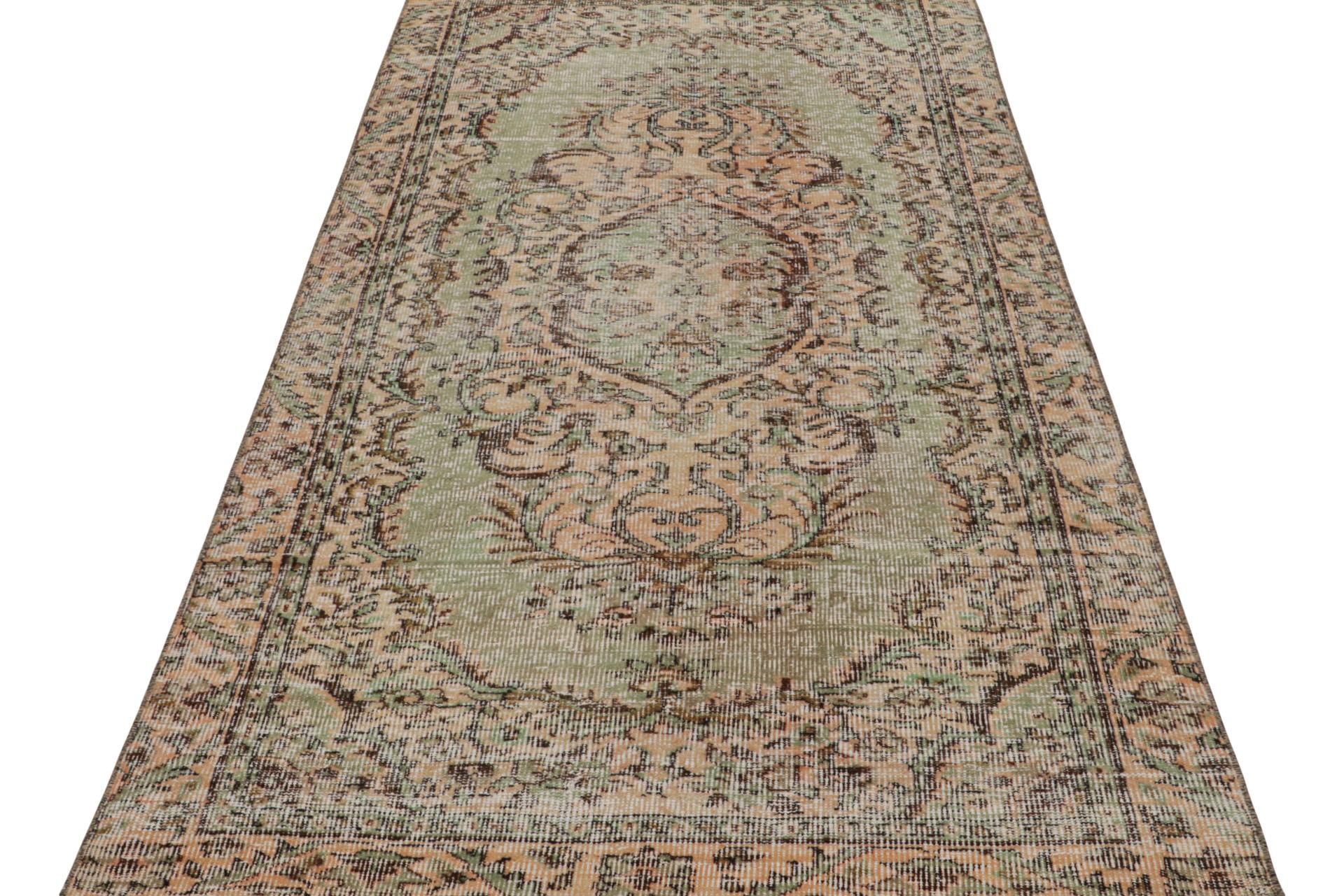 Turkish Vintage Zeki Müren Rug in Green and Salmon, with Floral Pattern from Rug & Kilim For Sale