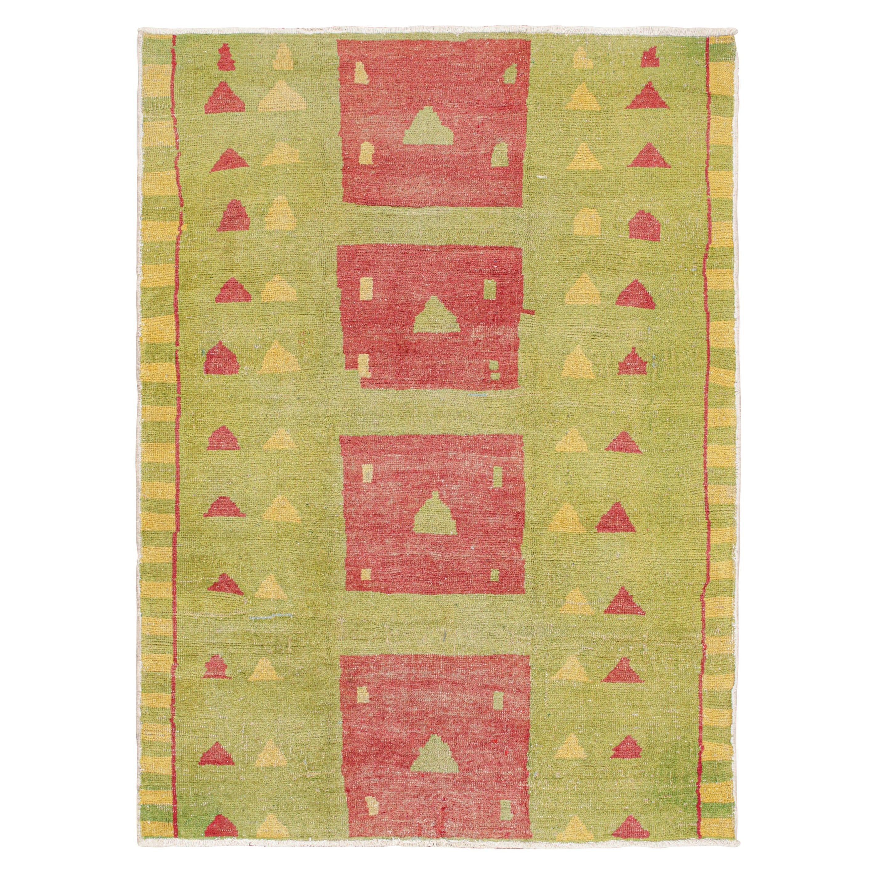 Vintage Zeki Müren Teppich in Grün, Rot und Gold Geometrische Muster von Rug & Kilim