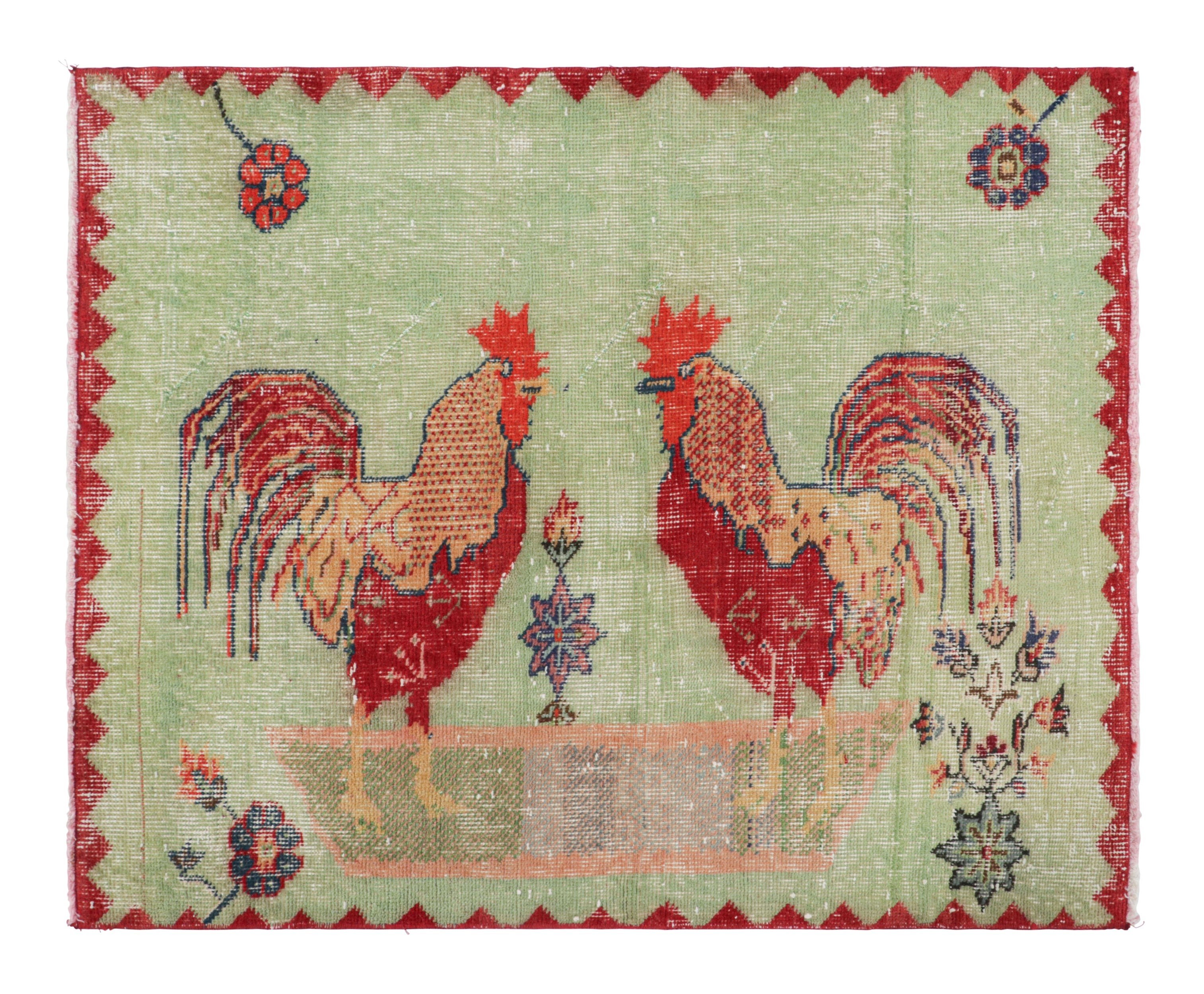 Vintage Zeki Müren Rug in Green, Red, Pictorial Rooster Pattern by Rug & Kilim