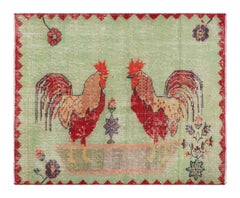 Vintage Zeki Müren Rug in Green, Red, Pictorial Rooster Pattern by Rug & Kilim