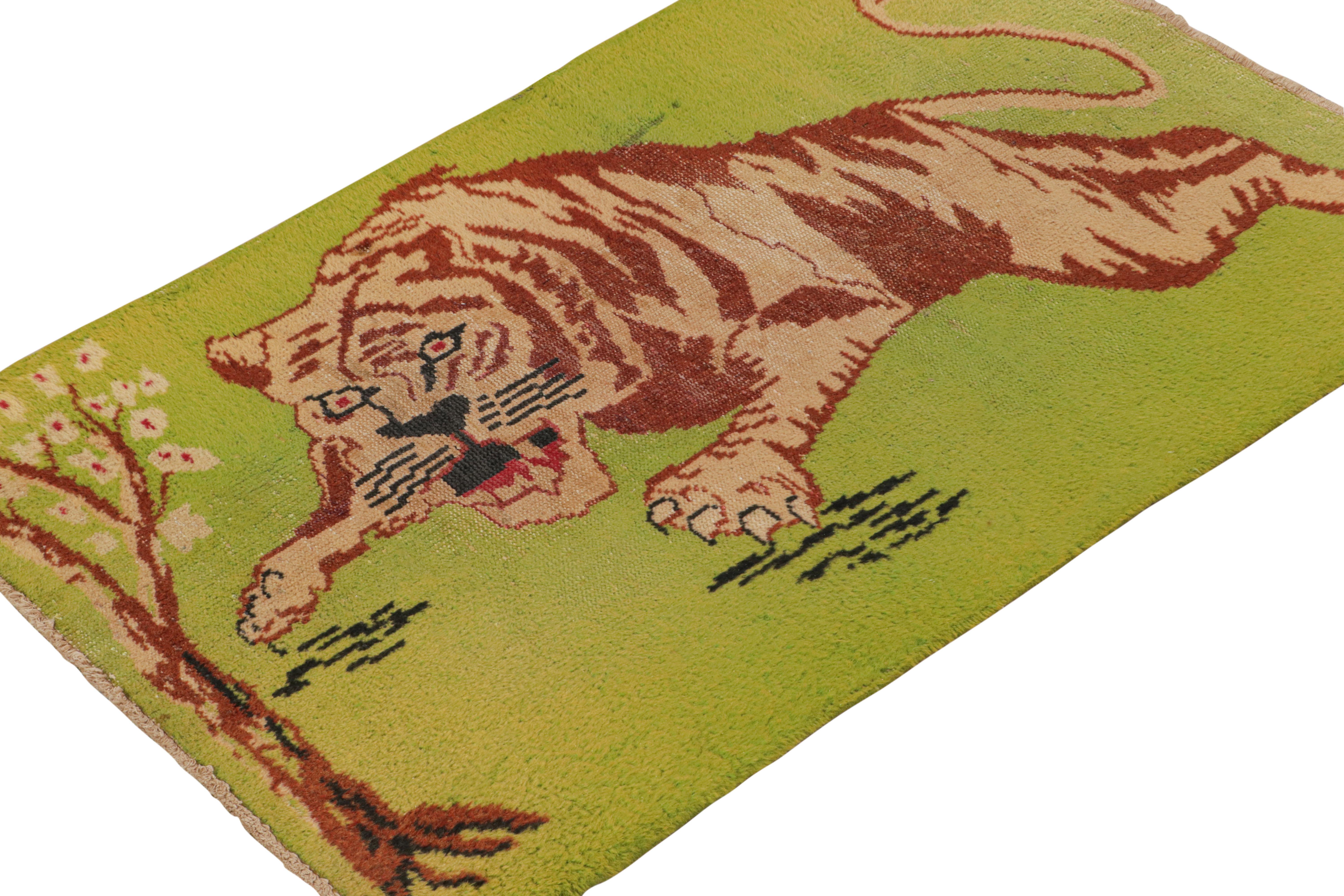Turkish Vintage Zeki Müren Rug in Green with Beige-Brown Tiger Pictorial by Rug & Kilim For Sale