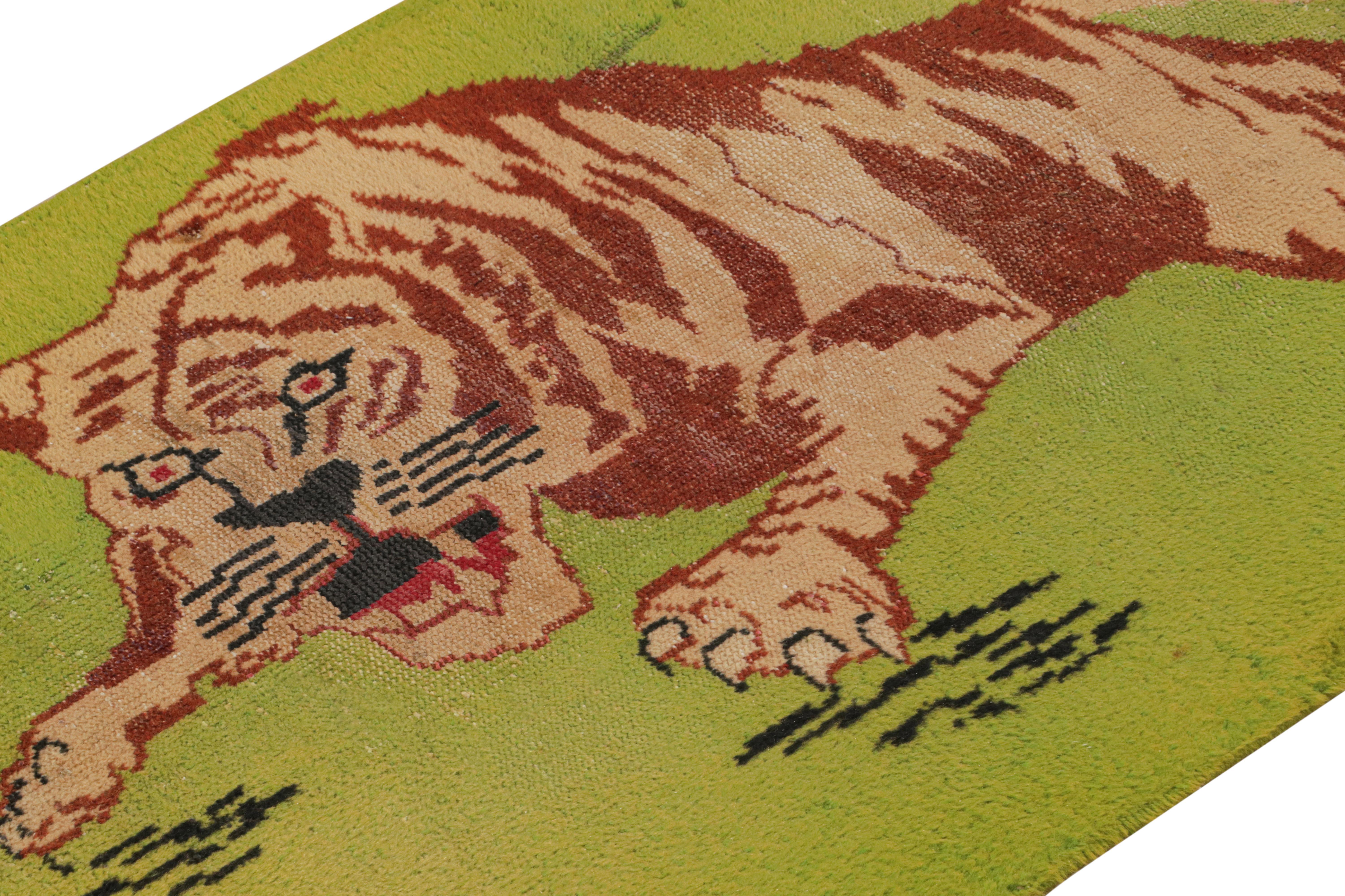 Hand-Knotted Vintage Zeki Müren Rug in Green with Beige-Brown Tiger Pictorial by Rug & Kilim For Sale