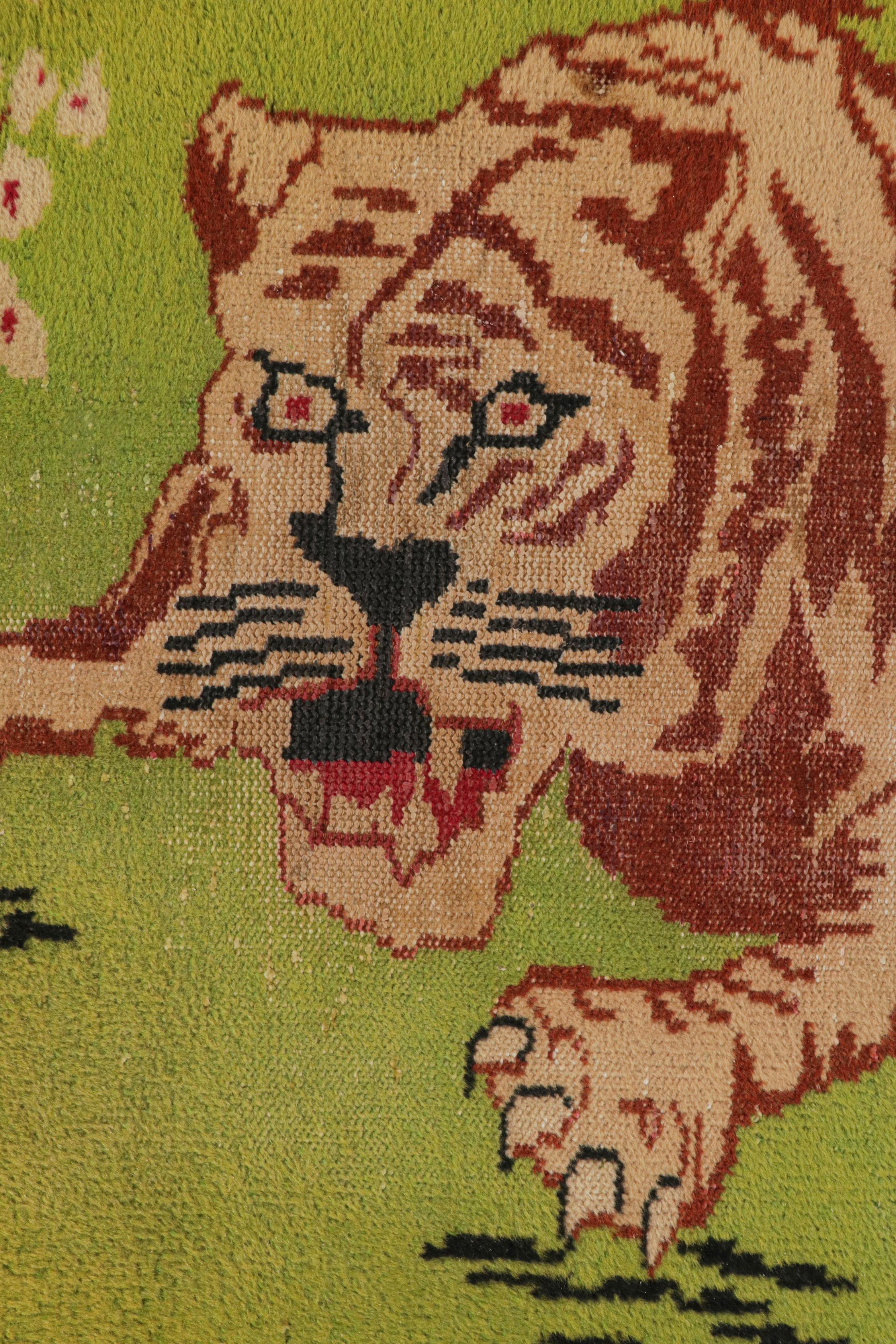 Mid-20th Century Vintage Zeki Müren Rug in Green with Beige-Brown Tiger Pictorial by Rug & Kilim For Sale