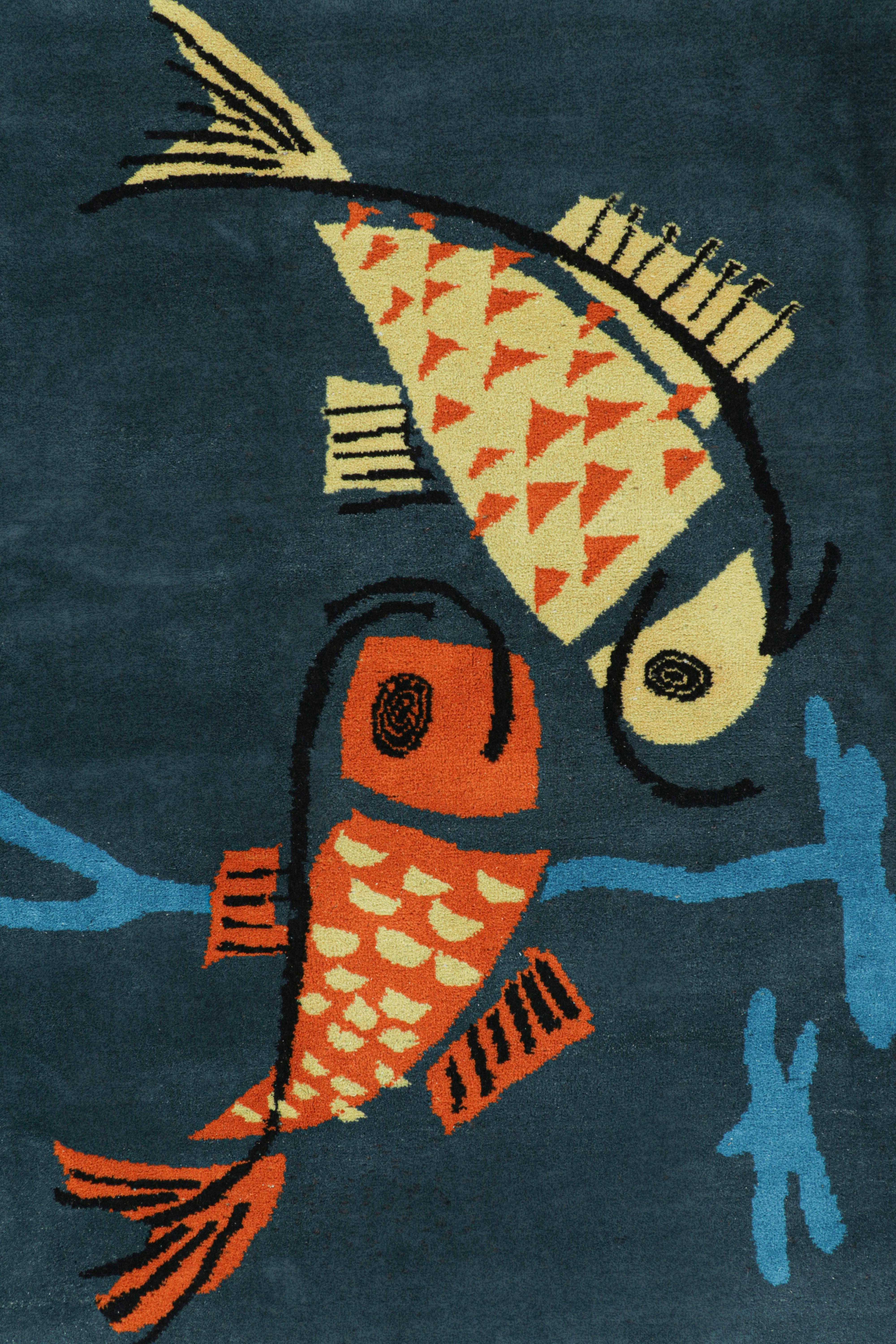 Turkish Vintage Zeki Müren Rug in Navy Blue with Fish Pictorials For Sale