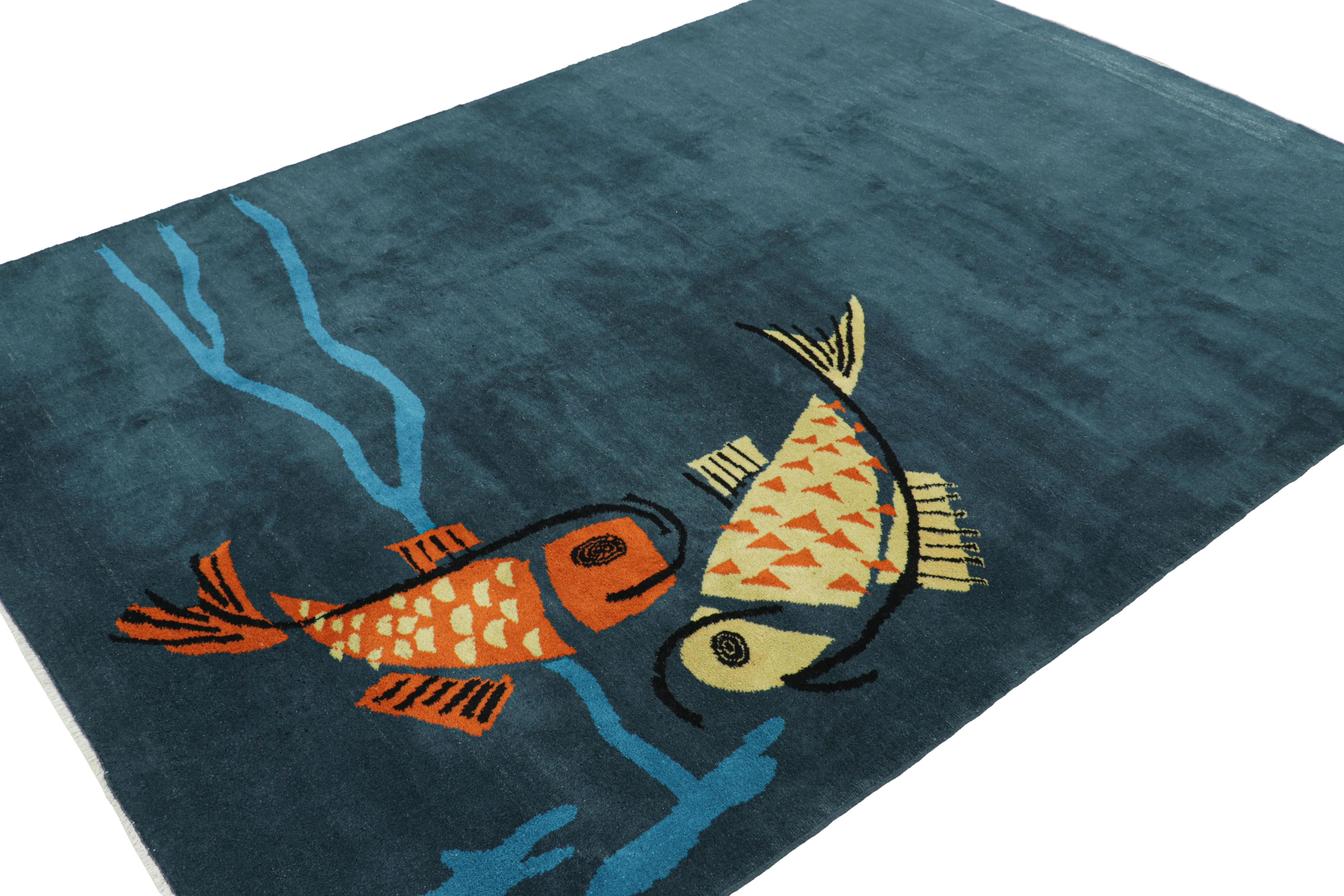 Vintage Zeki Müren Rug in Navy Blue with Fish Pictorials In Good Condition For Sale In Long Island City, NY