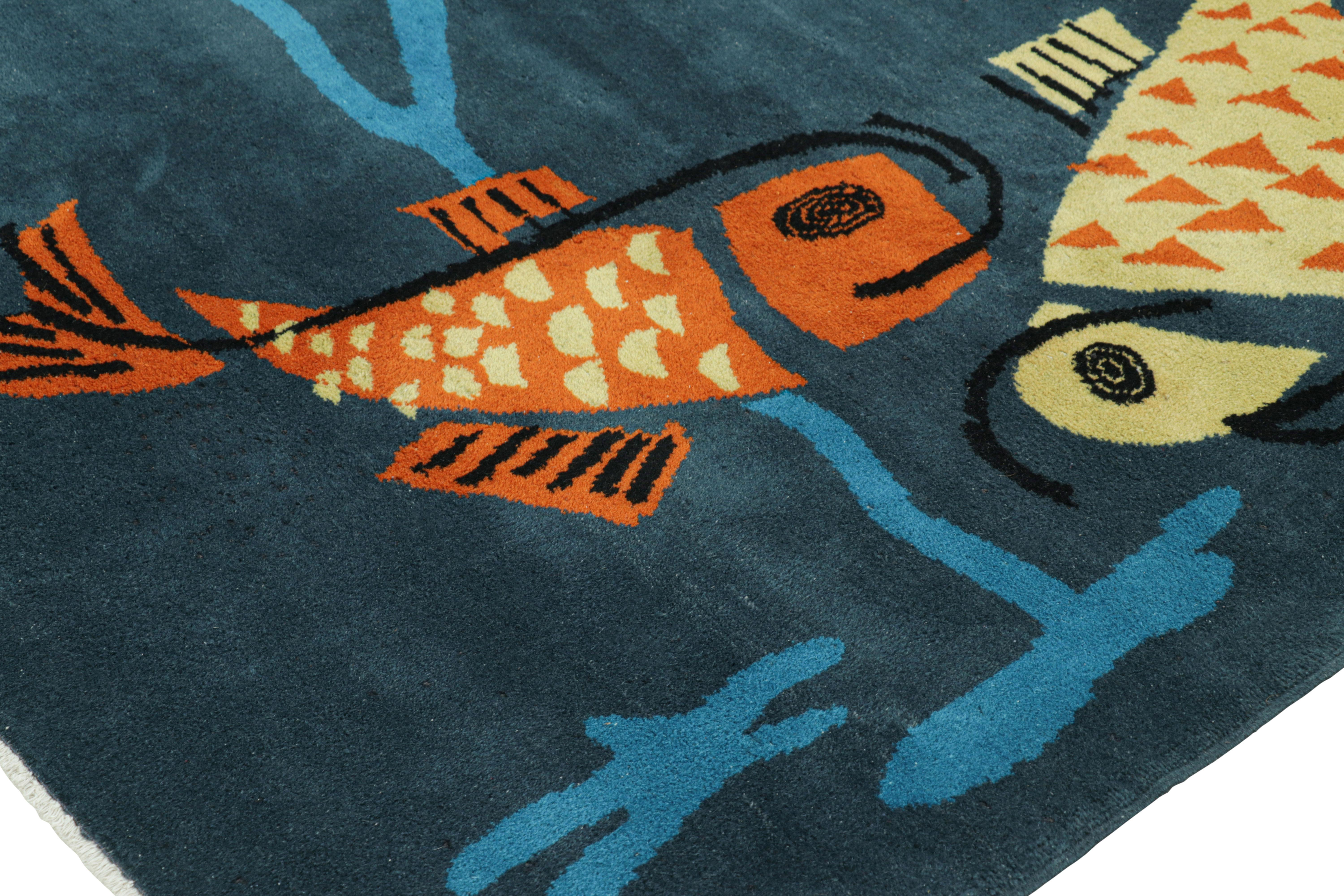 Mid-20th Century Vintage Zeki Müren Rug in Navy Blue with Fish Pictorials For Sale