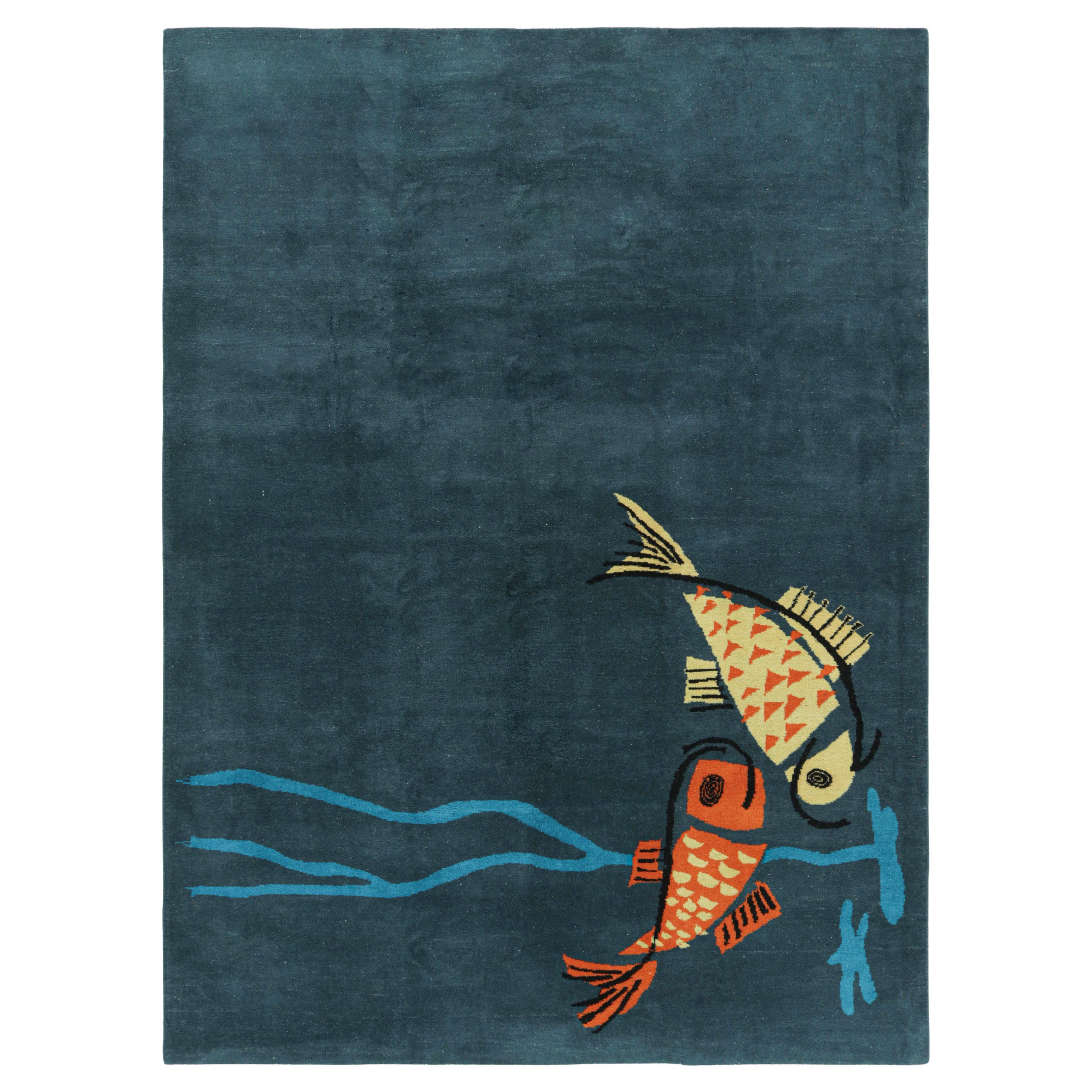 Vintage Zeki Müren Rug in Navy Blue with Fish Pictorials For Sale