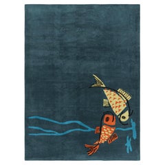 Vintage Zeki Müren Teppich in Marineblau mit Fisch-Motiven