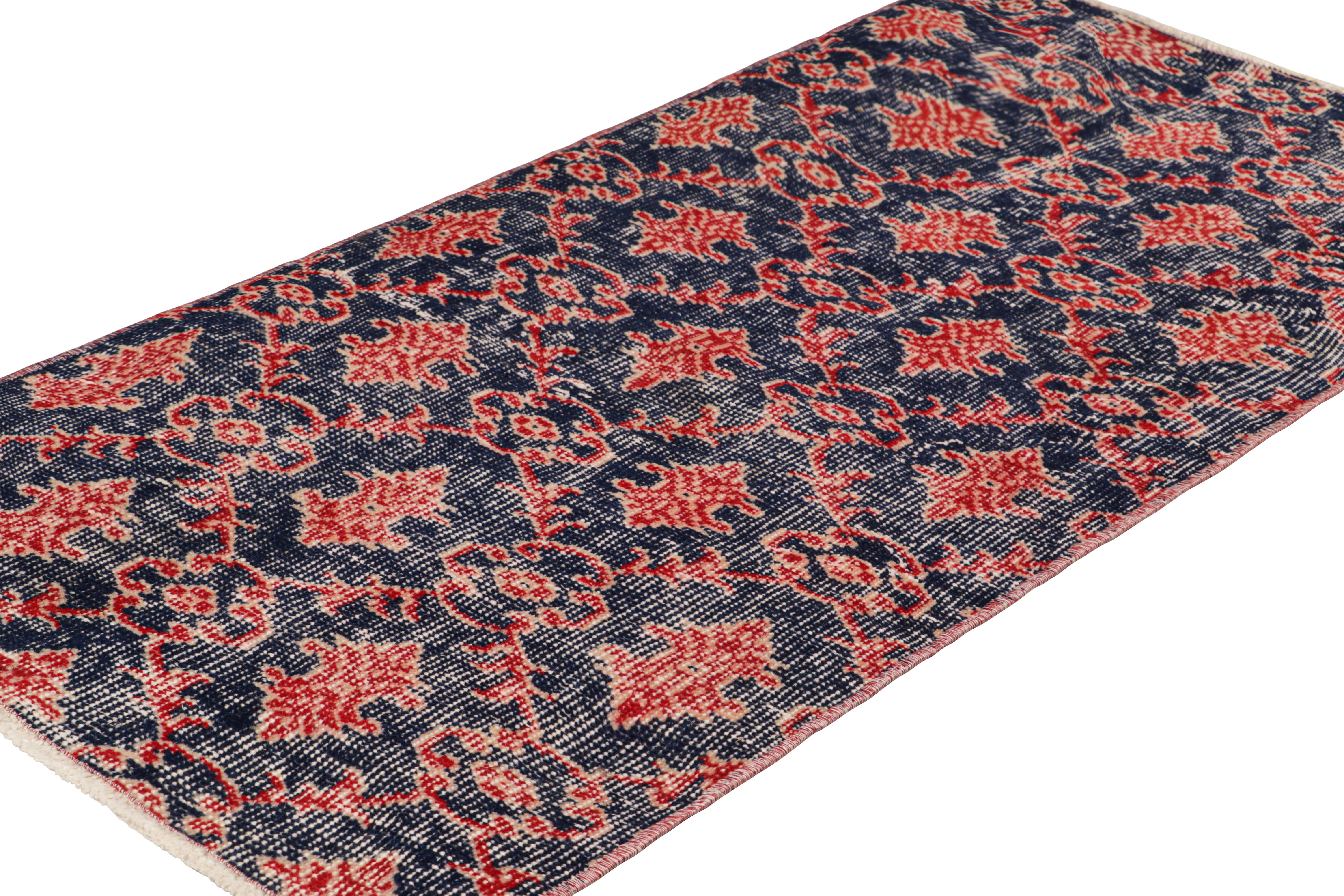 Hand-Knotted Vintage Zeki Müren Rug in Navy Blue with Red Geometric Patterns from Rug & Kilim For Sale