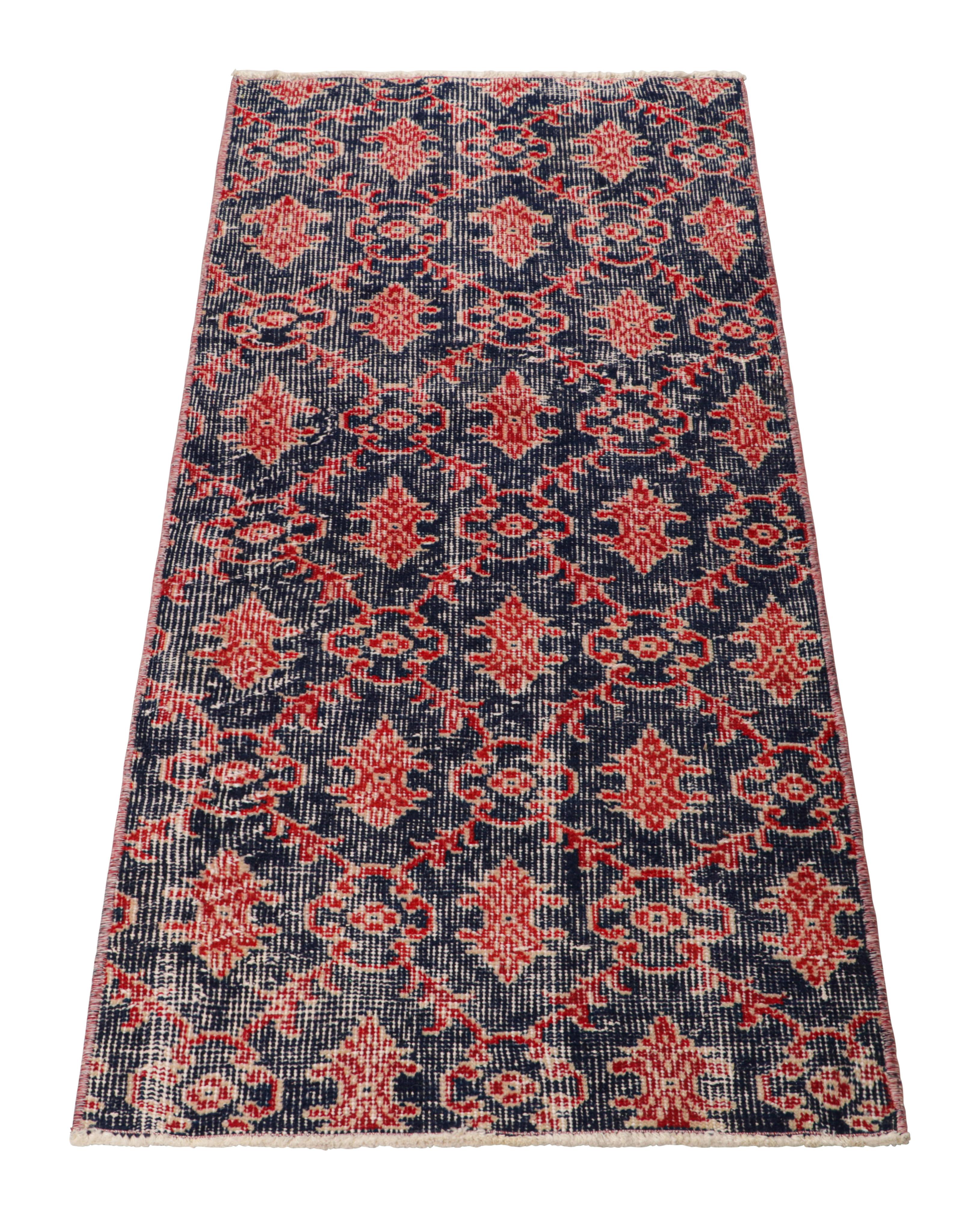 Vintage Zeki Müren Rug in Navy Blue with Red Geometric Patterns from Rug & Kilim In Good Condition For Sale In Long Island City, NY