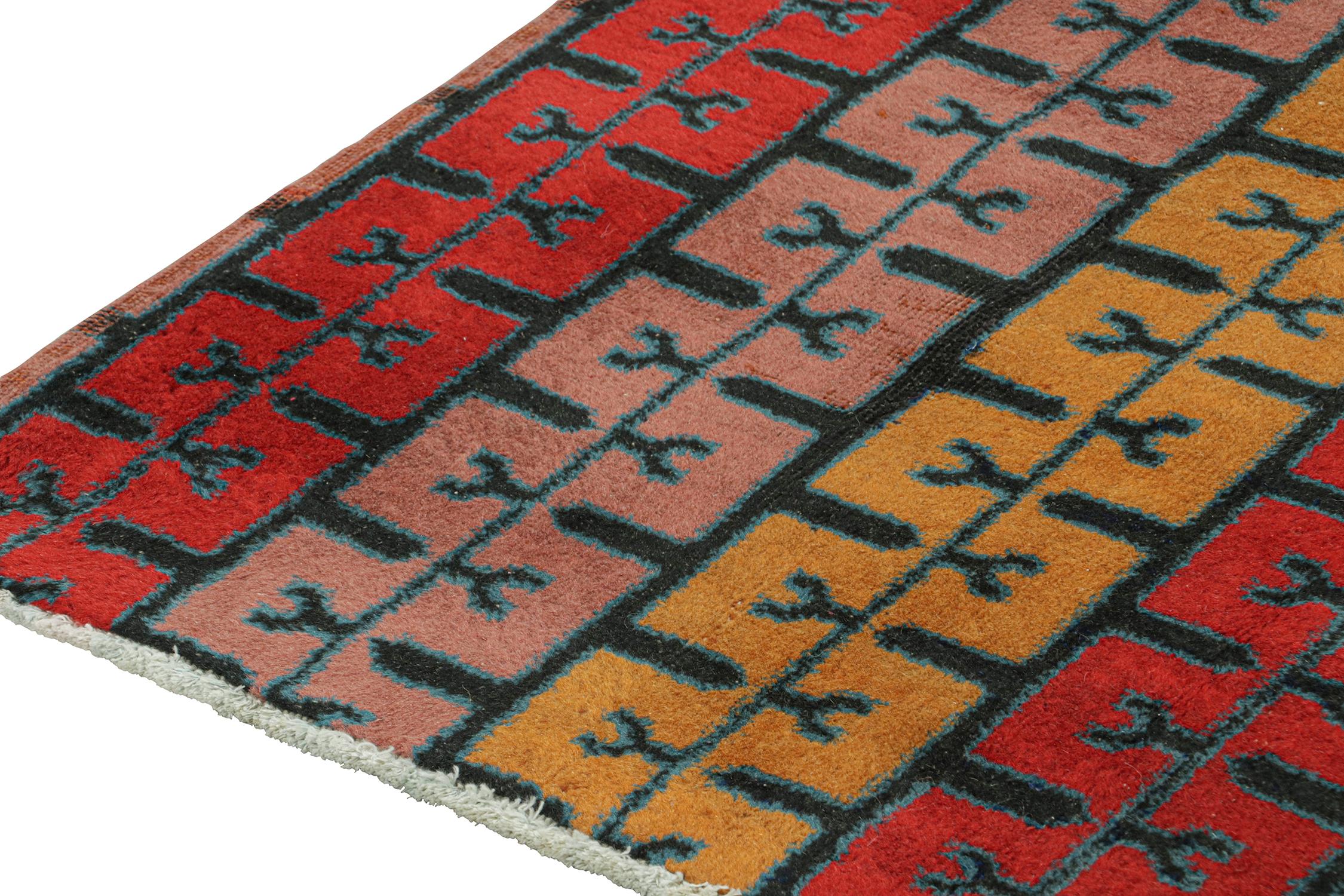 Hand-Knotted Vintage Zeki Müren Rug in Ochre, Red and Pink Geometric Patterns by Rug & Kilim For Sale